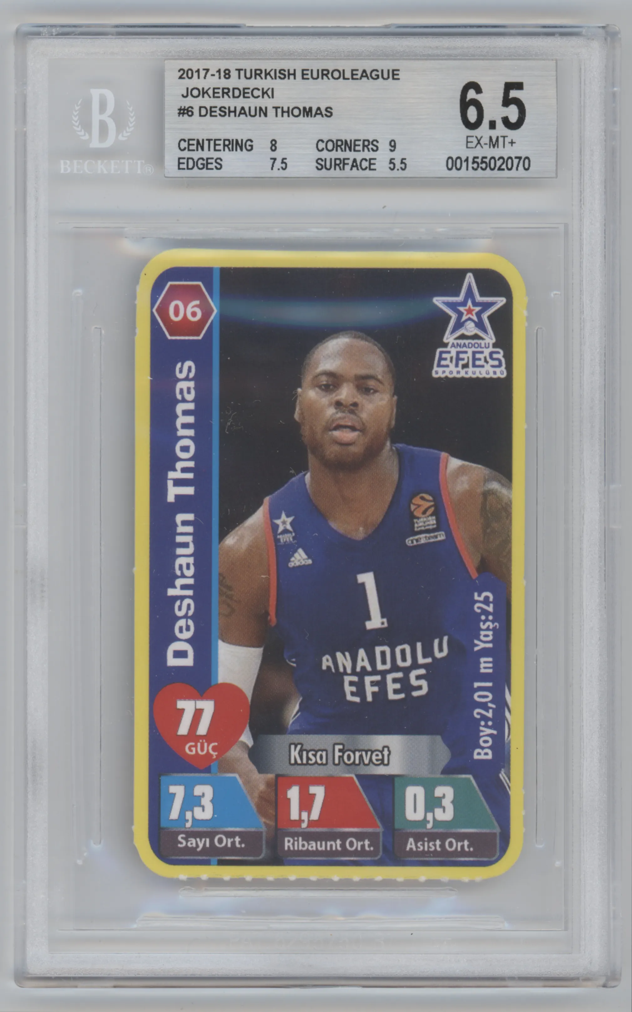 Deshaun Thomas from the 2017-18 Turkish EuroLeague Jokerdecki set graded by Beckett and given an overall grade of 6.5.