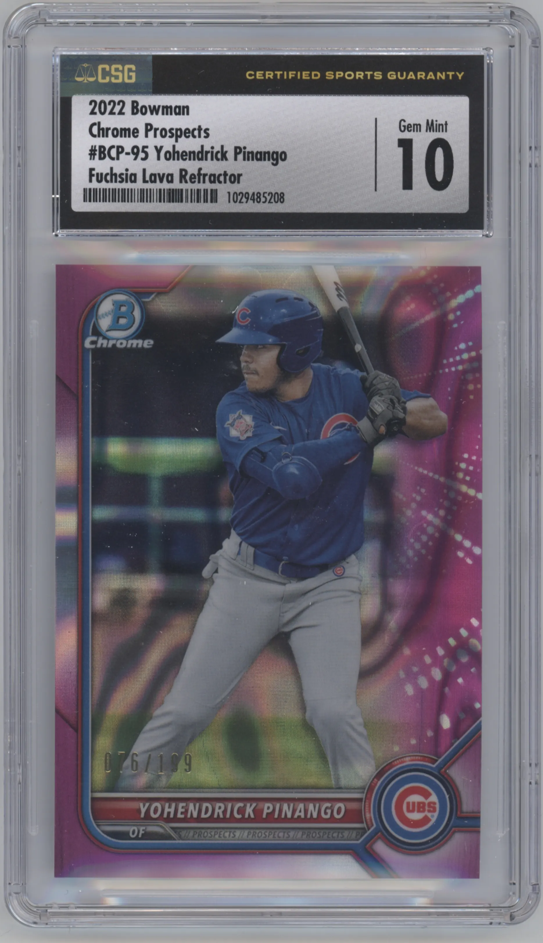 Yohendrick Pinango from the 2022 Bowman set featuring a  Fuchsia Lava Refractor parallel graded by CSG and given an overall grade of 10.