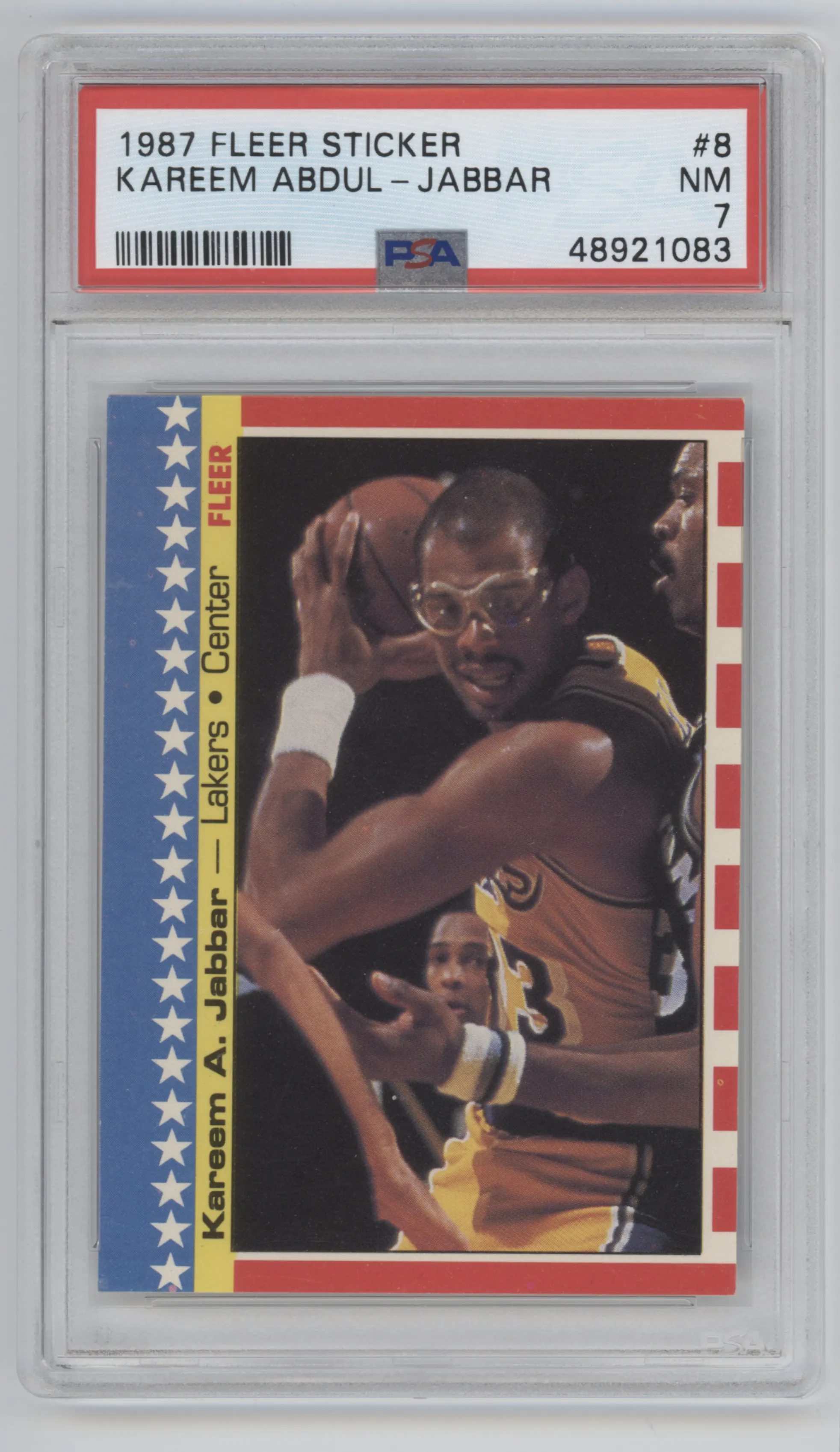 Kareem Abdul-Jabbar from the 1987-88 Fleer set graded by PSA and given an overall grade of 7.