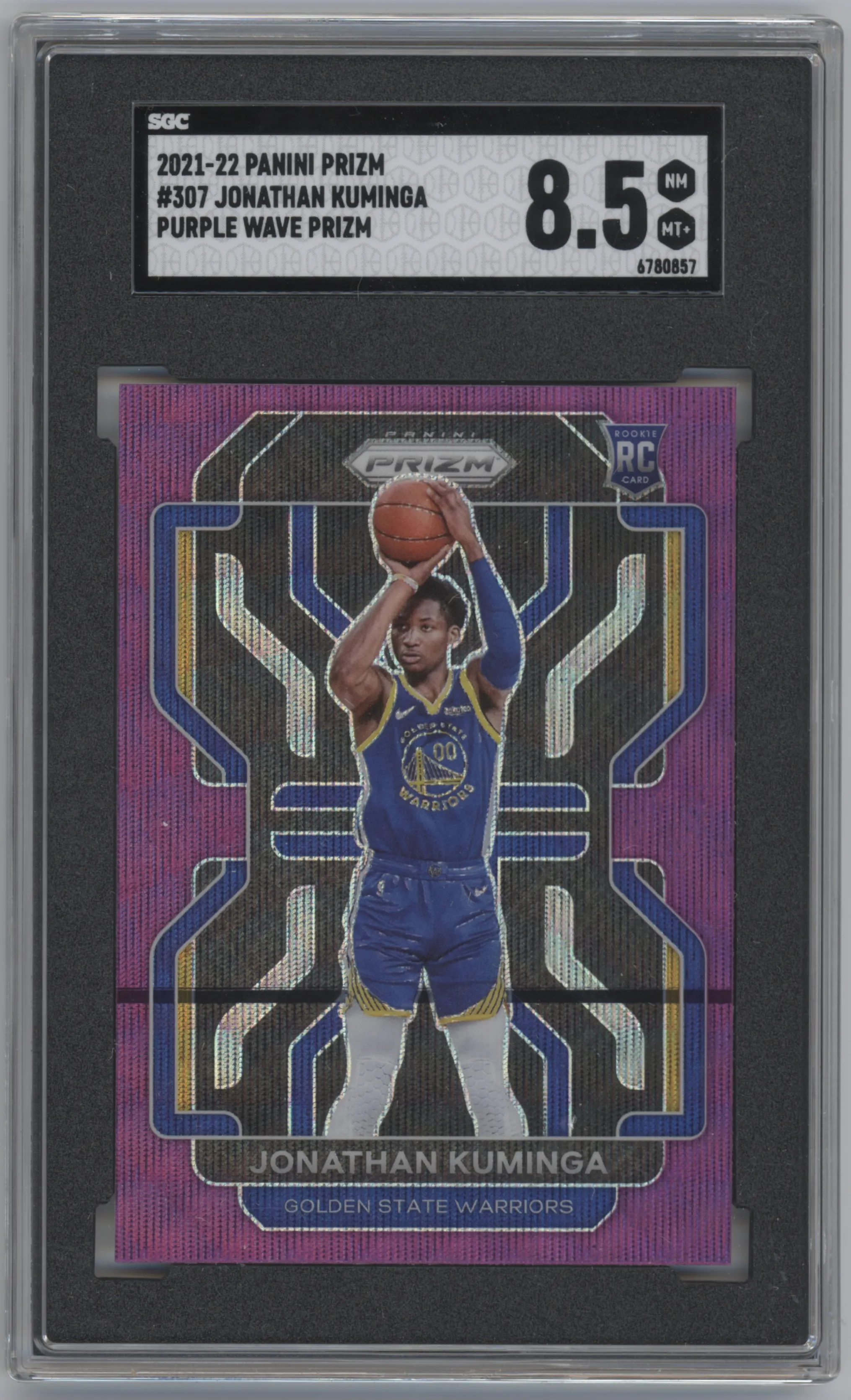Jonathan Kuminga from the 2021-22 Panini Prizm  set featuring a Purple Wave parallel graded by SGC and given an overall grade of 8.5.