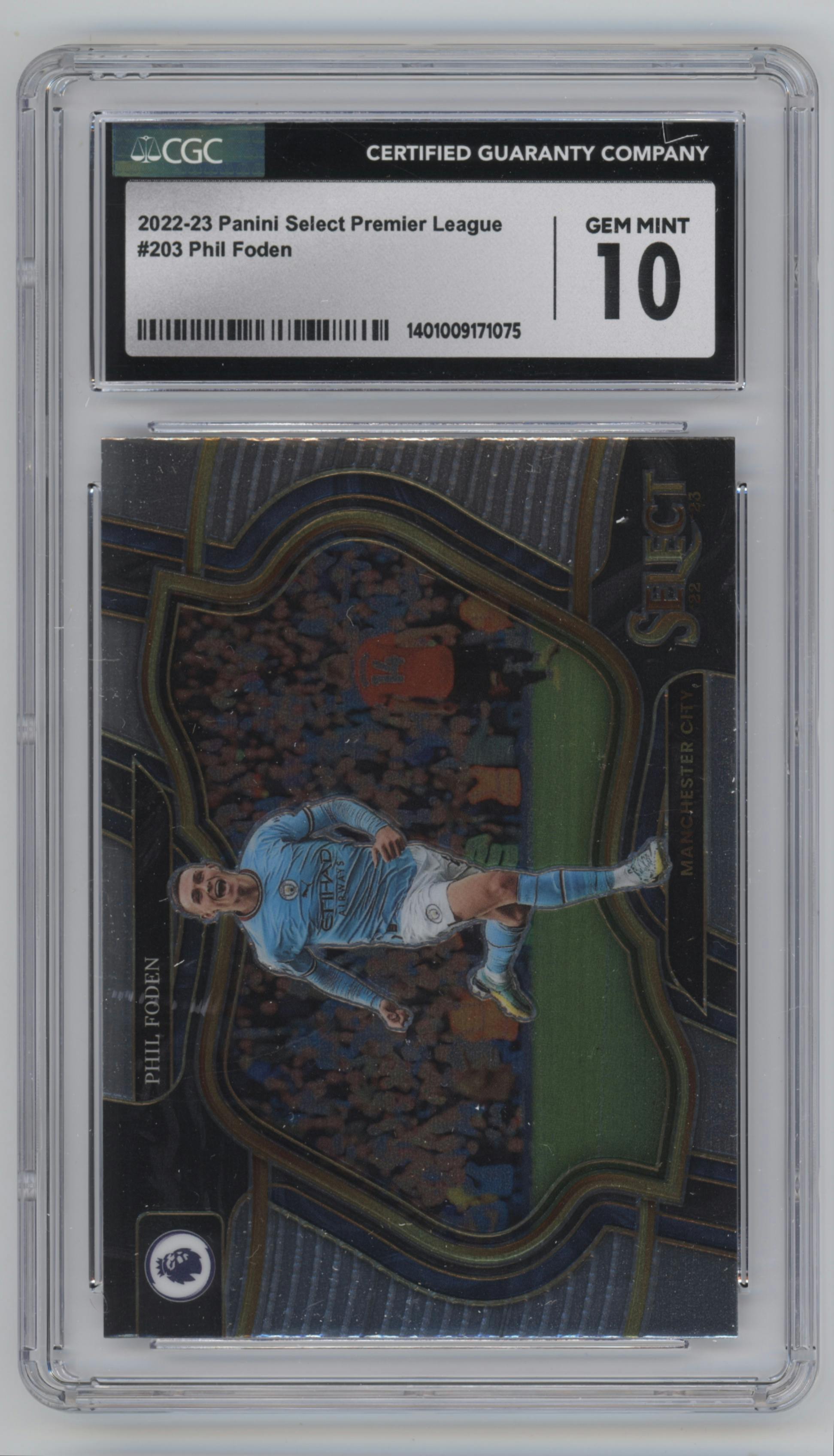 Phil Foden from the 2022-23 Panini Select Premier League set graded by CSG and given an overall grade of 10.
