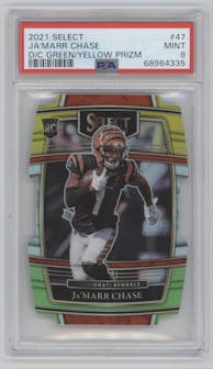 Ja'Marr Chase from the 2021 Panini Select set featuring a Die-Cut Green/Yellow parallel graded by PSA and given an overall grade of 9.