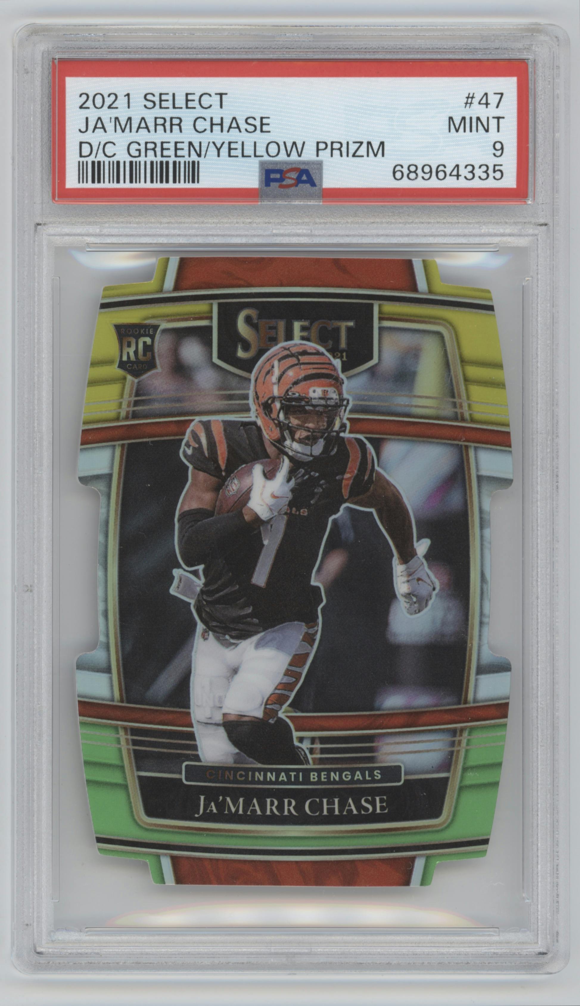 Ja'Marr Chase from the 2021 Panini Select set featuring a Die-Cut Green/Yellow parallel graded by PSA and given an overall grade of 9.