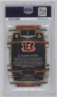Ja'Marr Chase from the 2021 Panini Select set featuring a Die-Cut Green/Yellow parallel graded by PSA and given an overall grade of 9.