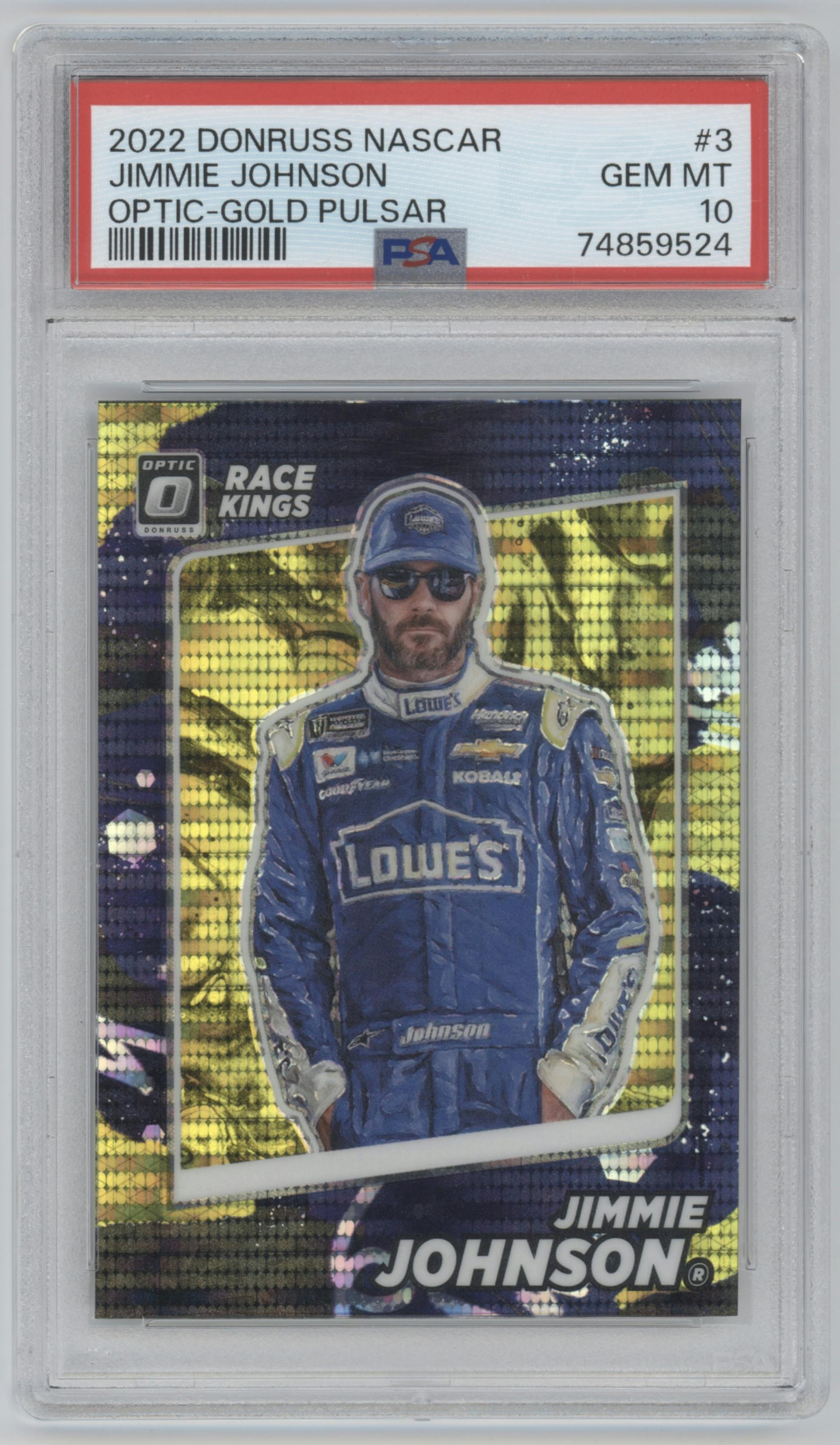 Jimmie Johnson from the 2022 Donruss Racing NASCAR set featuring a Gold Pulsar  parallel graded by PSA and given an overall grade of 10.