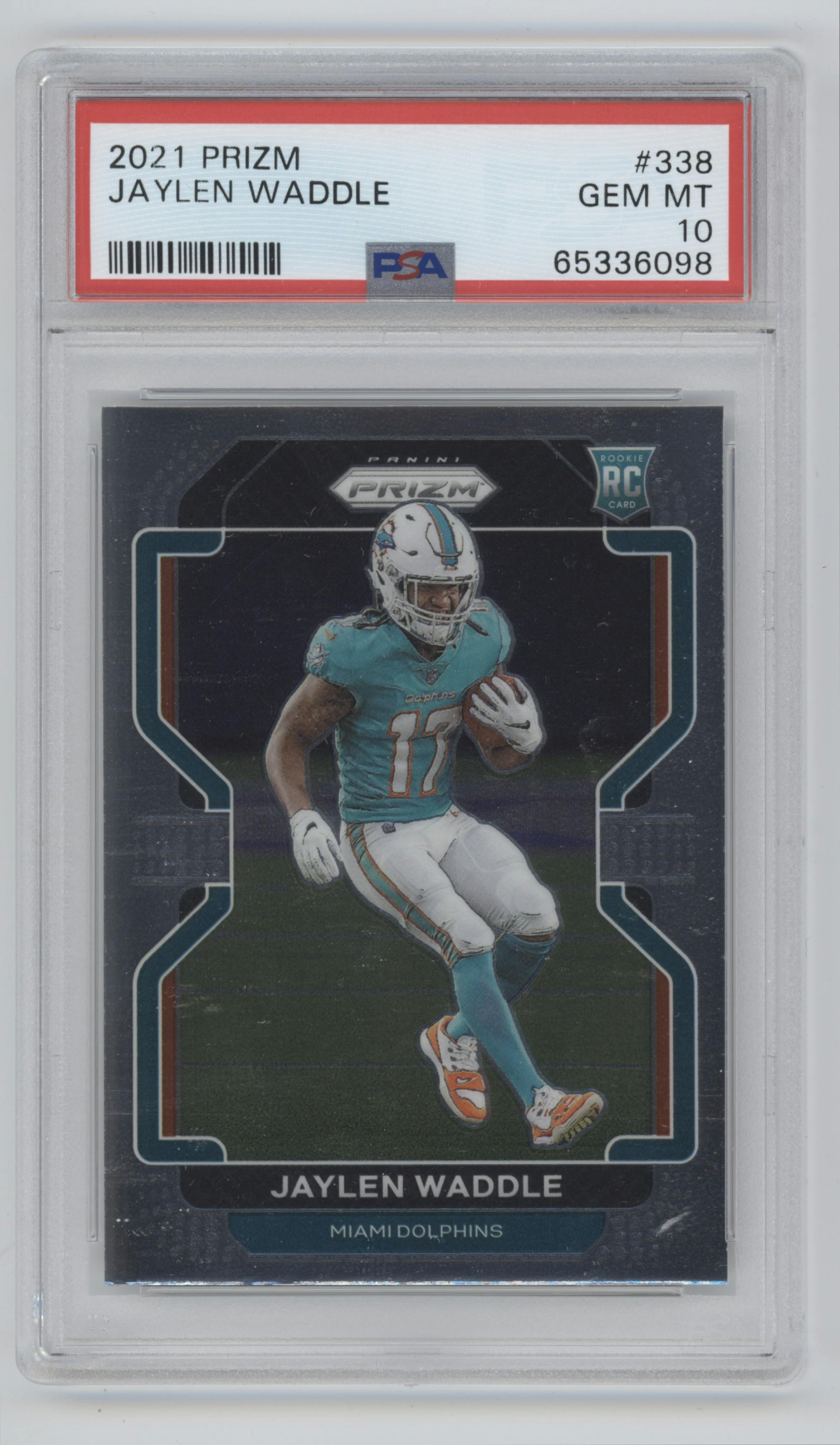 Jaylen Waddle from the 2021 Panini Prizm set graded by PSA and given an overall grade of 10.