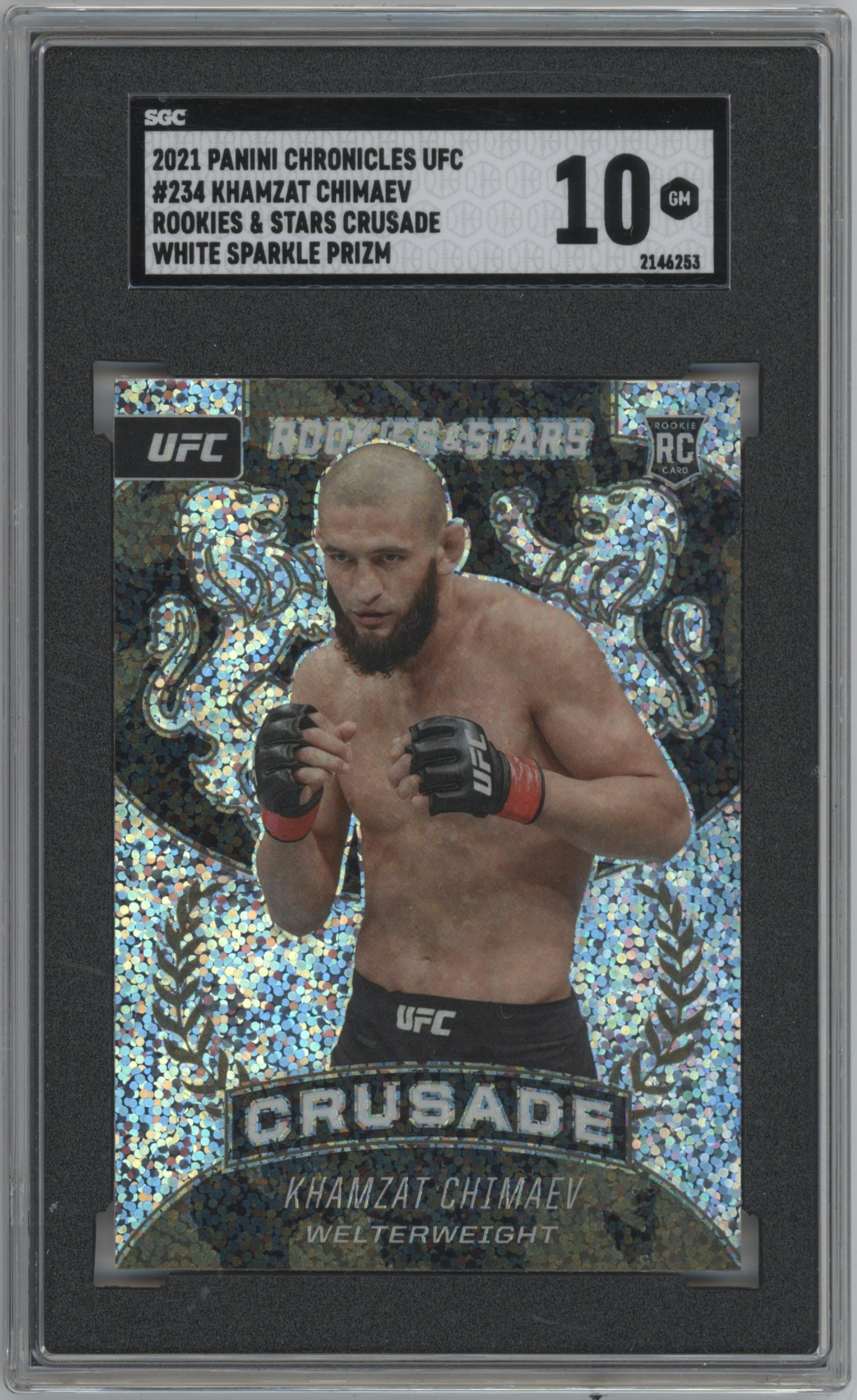 Khamzat Chimaev from the 2021 Panini Chronicles UFC set featuring a White Sparkle parallel graded by SGC and given an overall grade of 10.