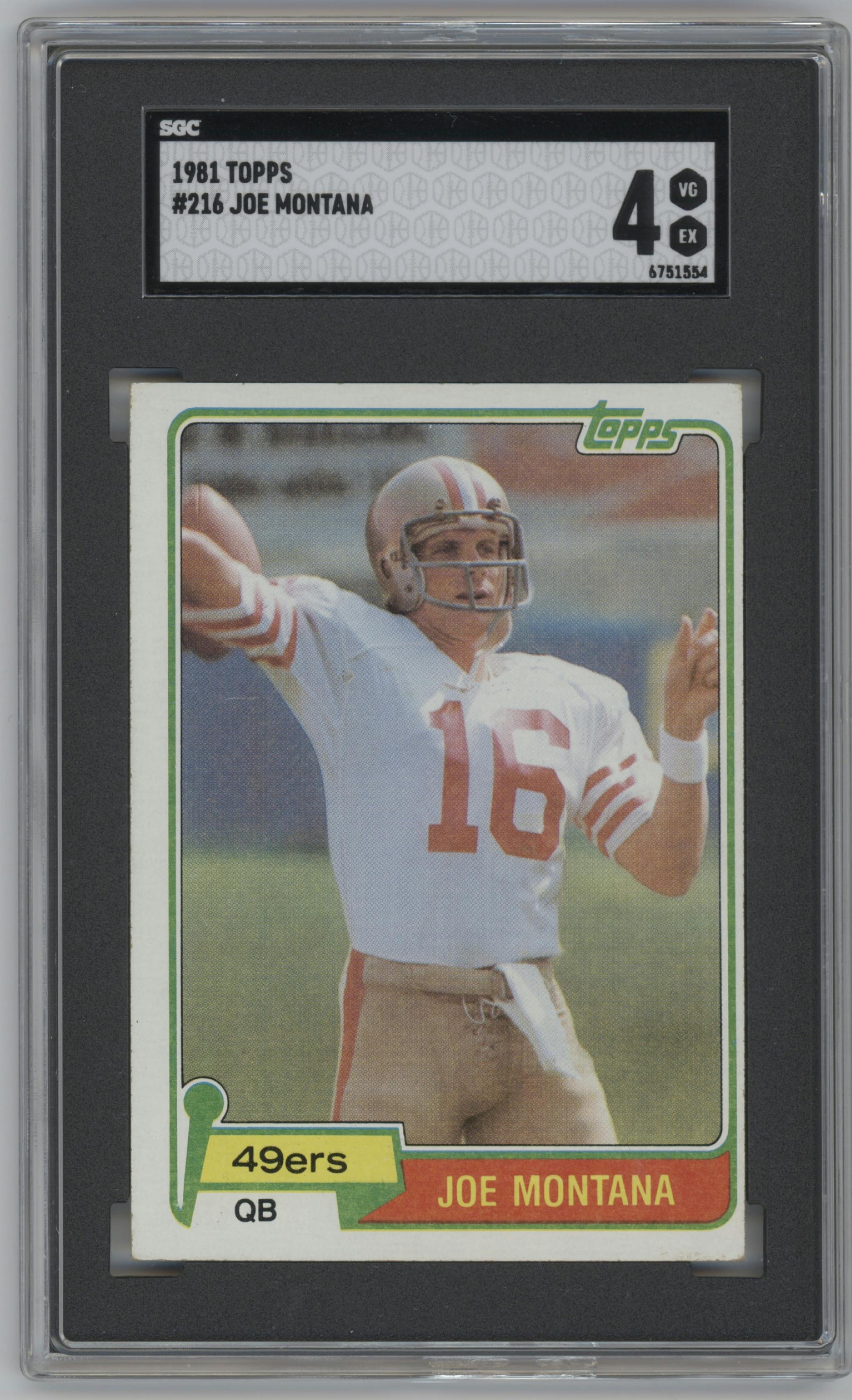 Joe Montana from the 1981 Topps  set graded by SGC and given an overall grade of 4.