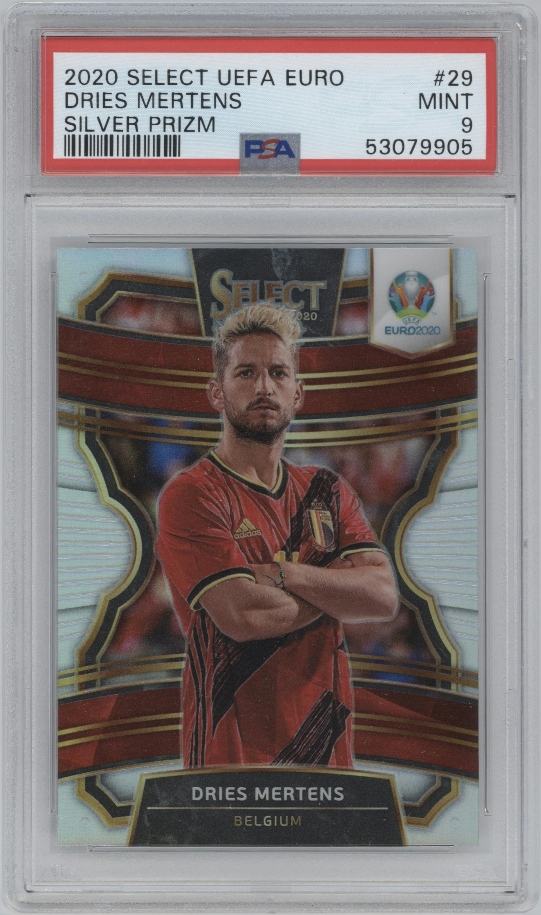 Dries Mertens from the 2020 Panini Select UEFA Euro set featuring a Silver Prizm parallel graded by PSA and given an overall grade of 9.