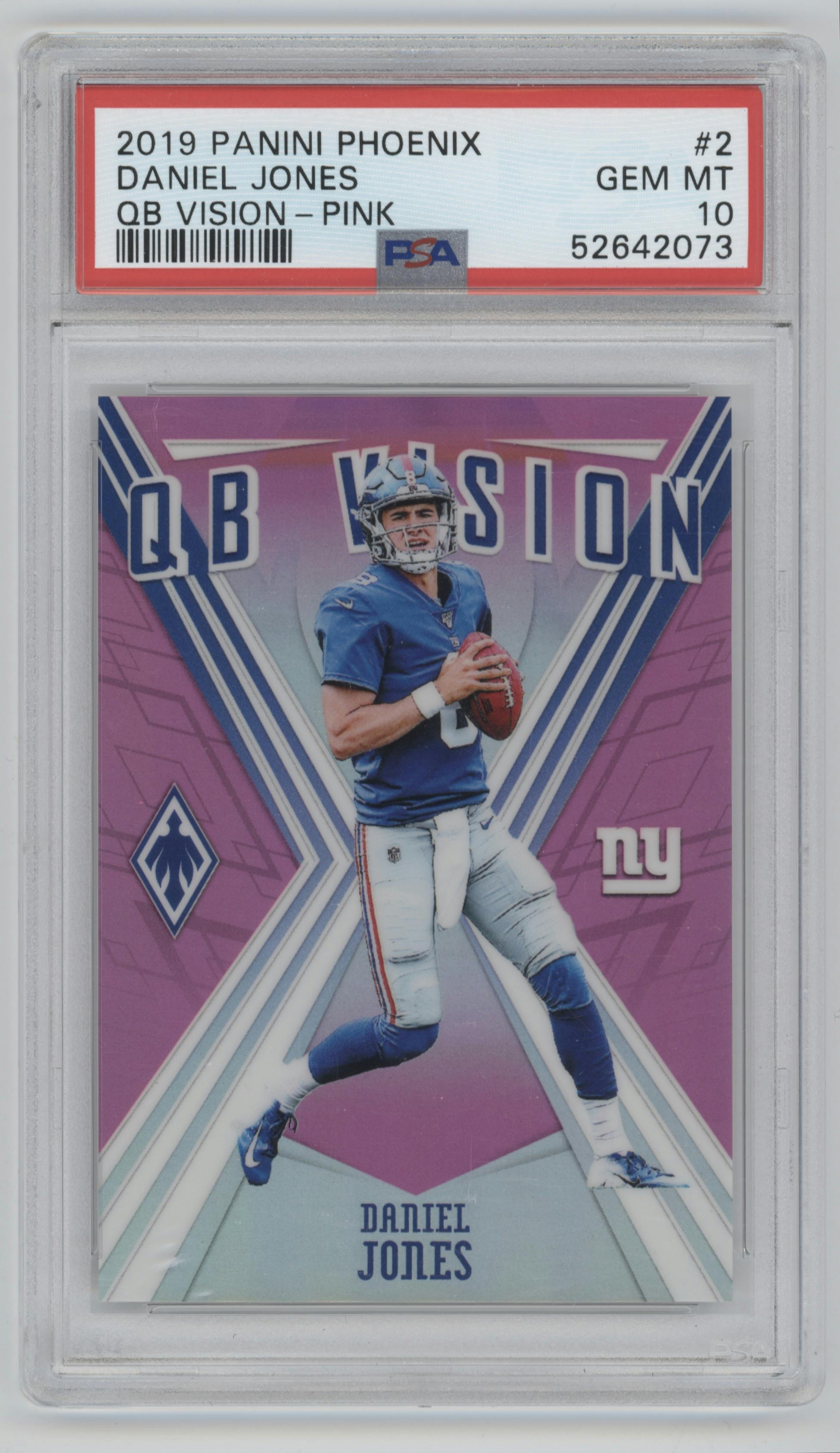 Daniel Jones from the 2019 Panini Phoenix set featuring a Pink parallel graded by PSA and given an overall grade of 10.