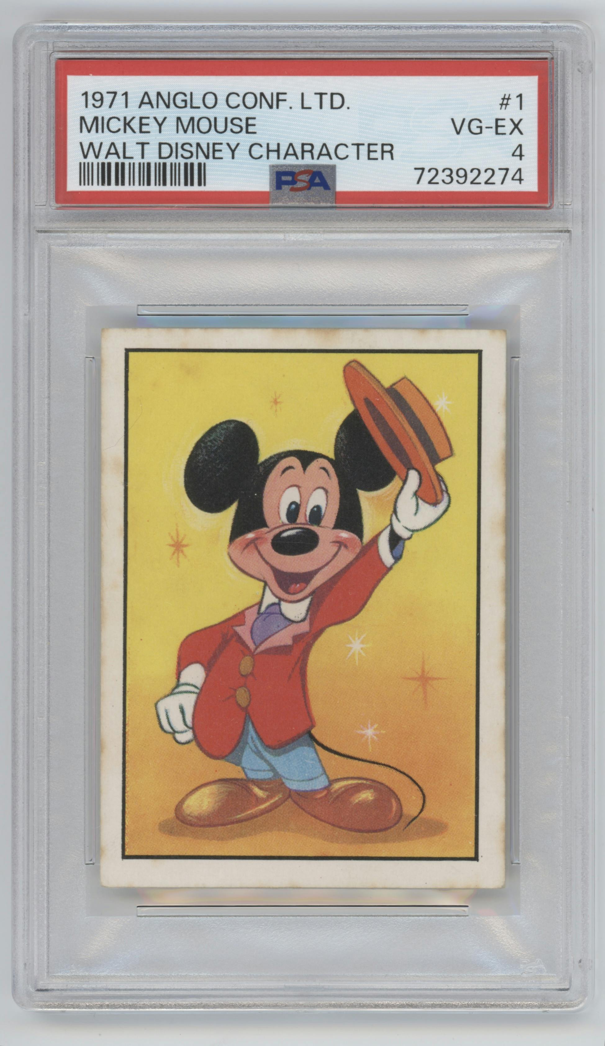 Mickey Mouse from the 1971 Anglo Confectionery Ltd. Walt Disney Character set graded by PSA and given an overall grade of 4.