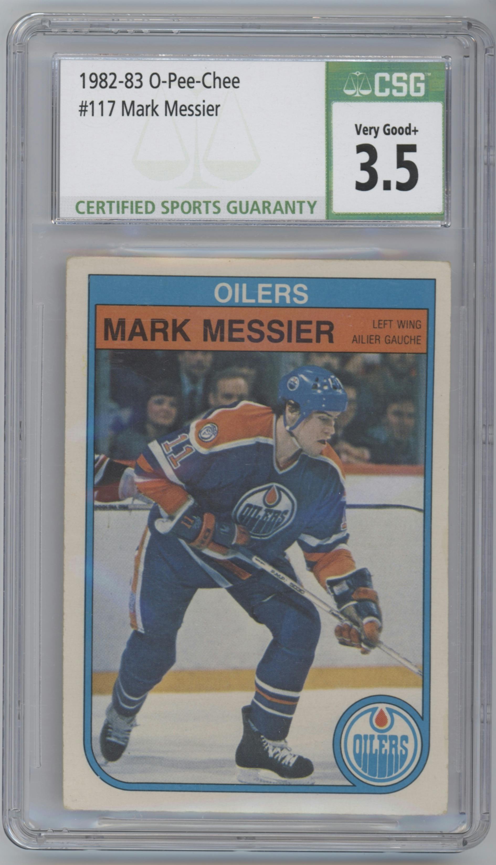 Mark Messier from the 1982-83 O-Pee-Chee set graded by CSG and given an overall grade of 3.5.