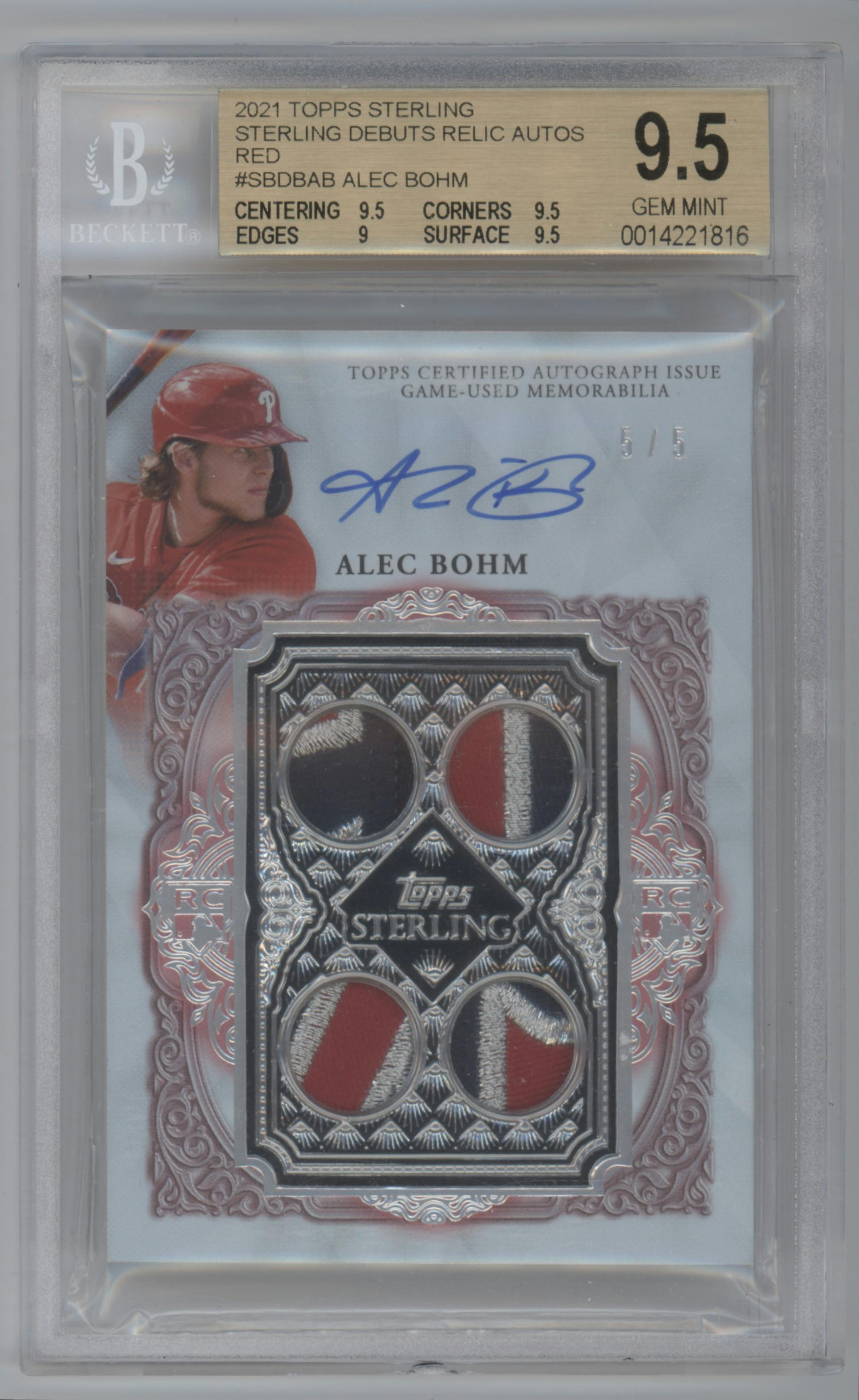 Alec Bohm from the 2021 Topps Sterling set featuring a Red parallel graded by Beckett and given an overall grade of 9.5.