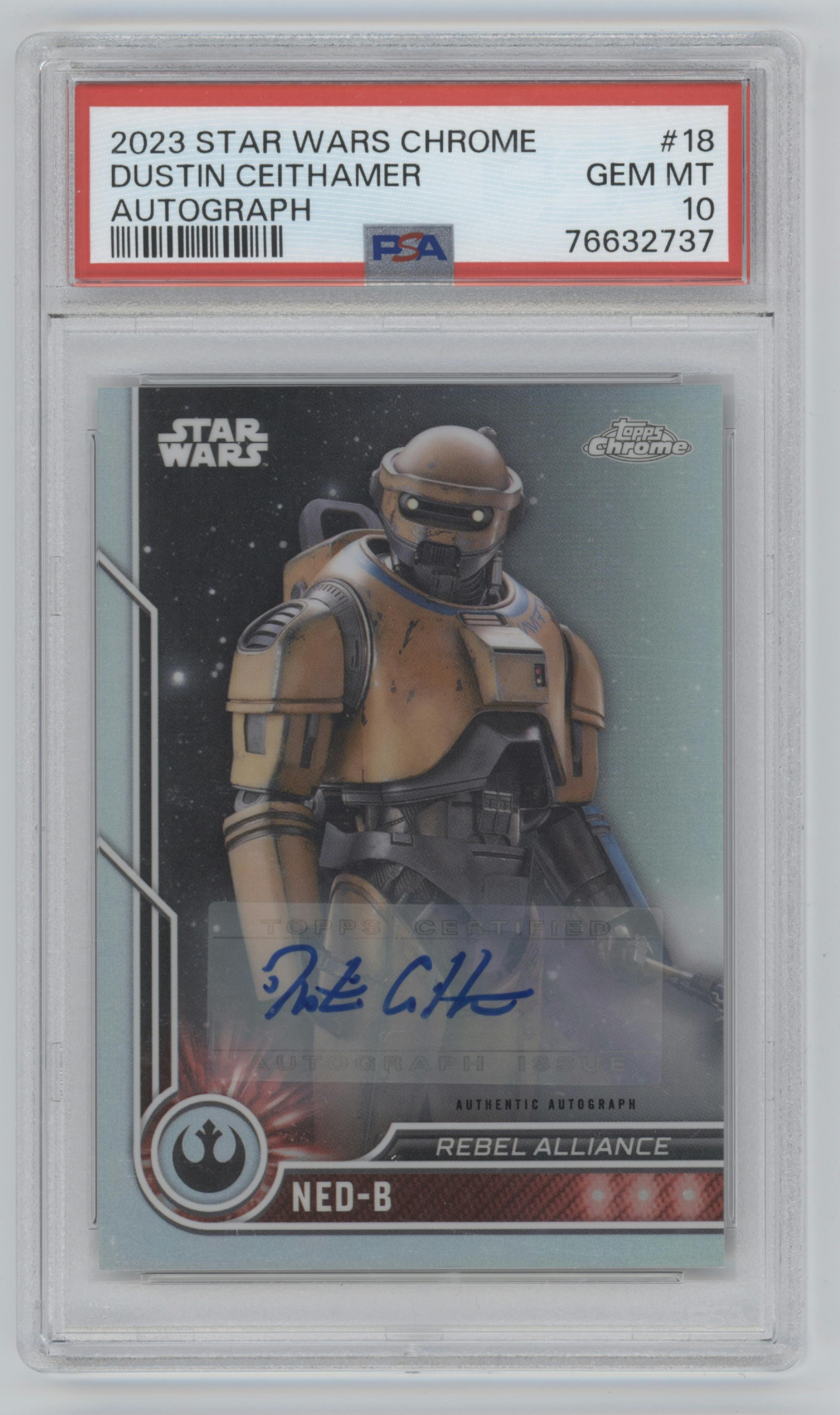 Dustin Ceithamer from the 2023 Topps Chrome Star Wars set graded by PSA and given an overall grade of 10.