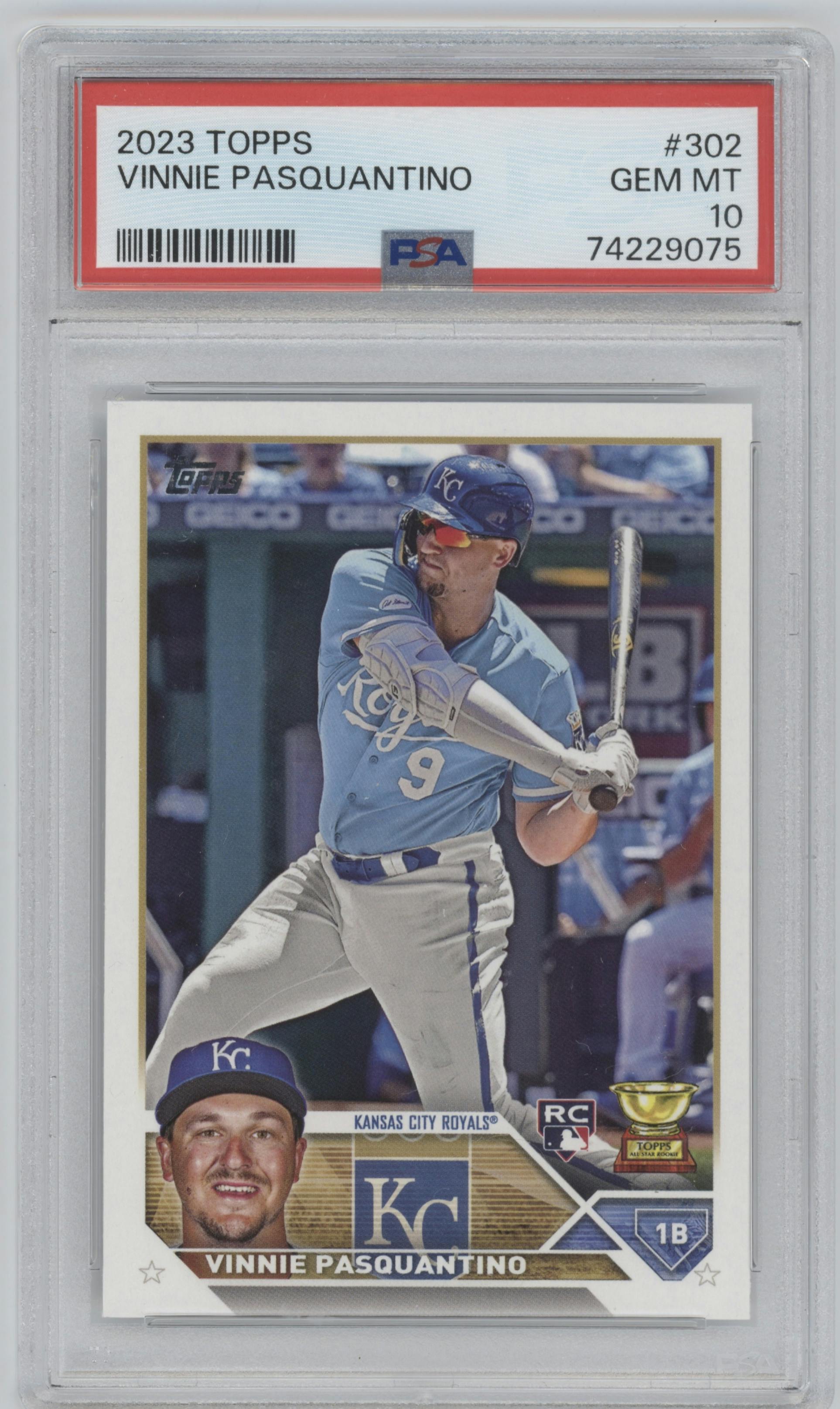 Vinnie Pasquantino from the 2023 Topps  set graded by PSA and given an overall grade of 10.