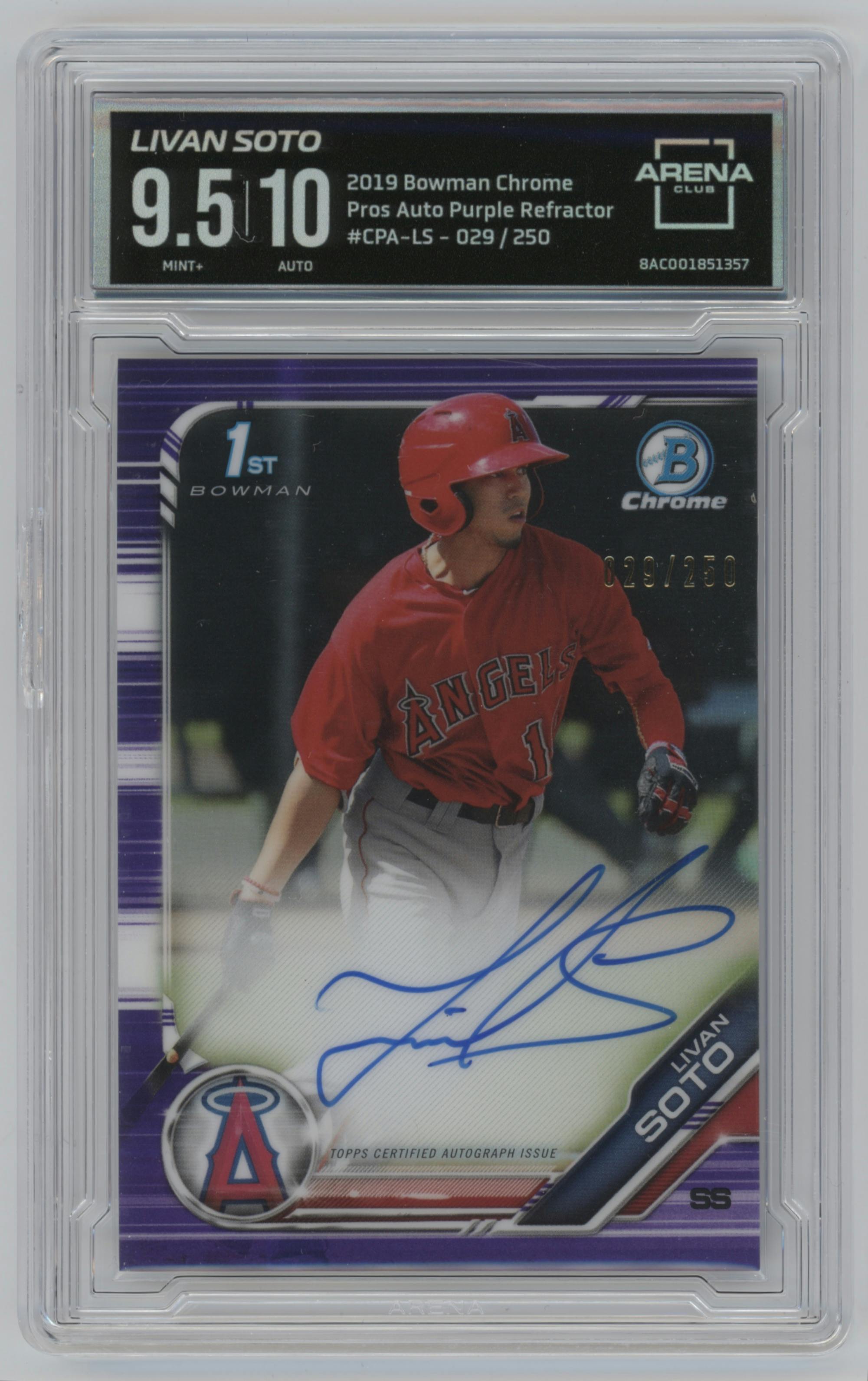 Livan Soto from the 2019 Bowman Chrome set featuring a Purple Refractor parallel graded by Arena Club and given an overall grade of 9.5.