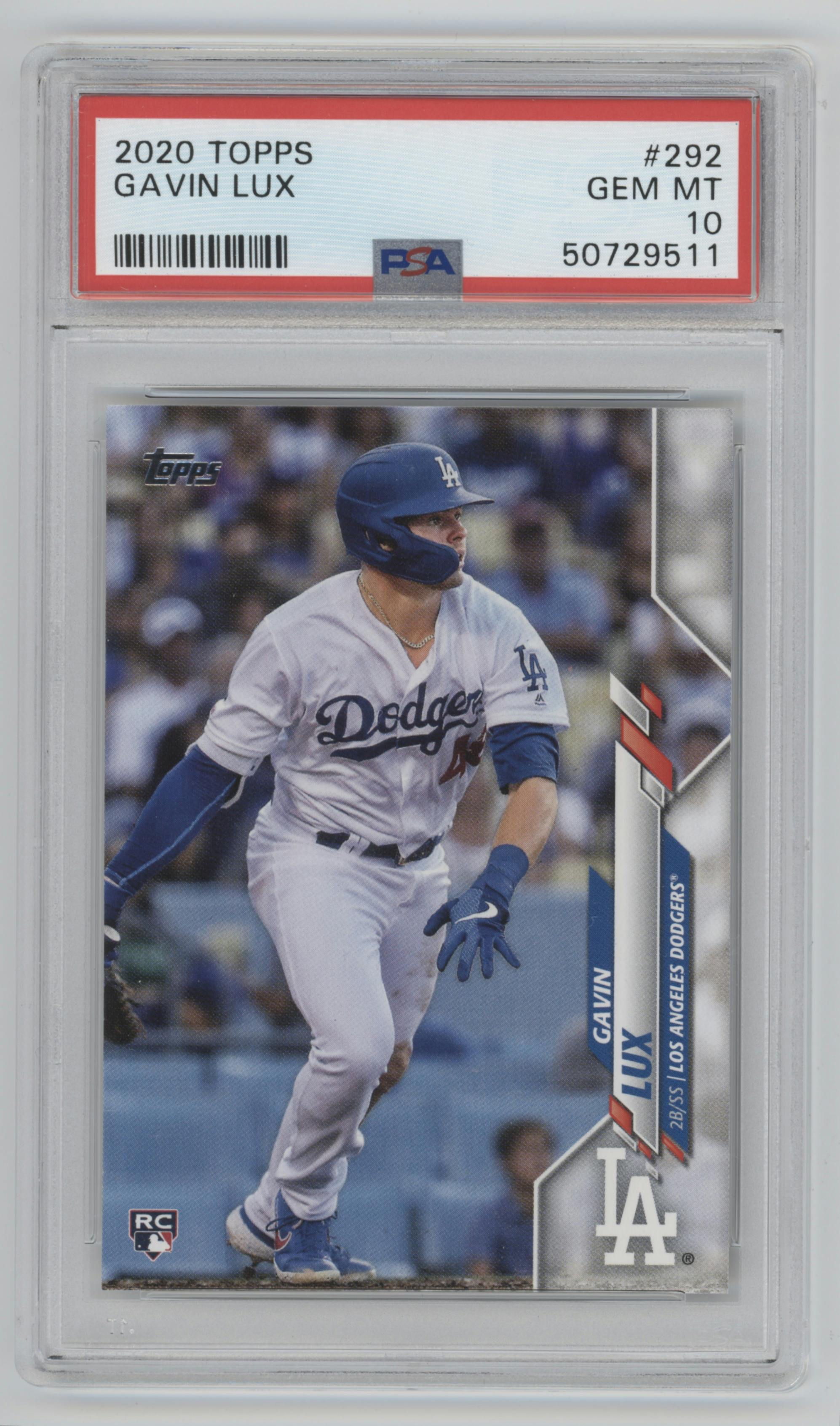 Gavin Lux from the 2020 Topps set graded by PSA and given an overall grade of 10.