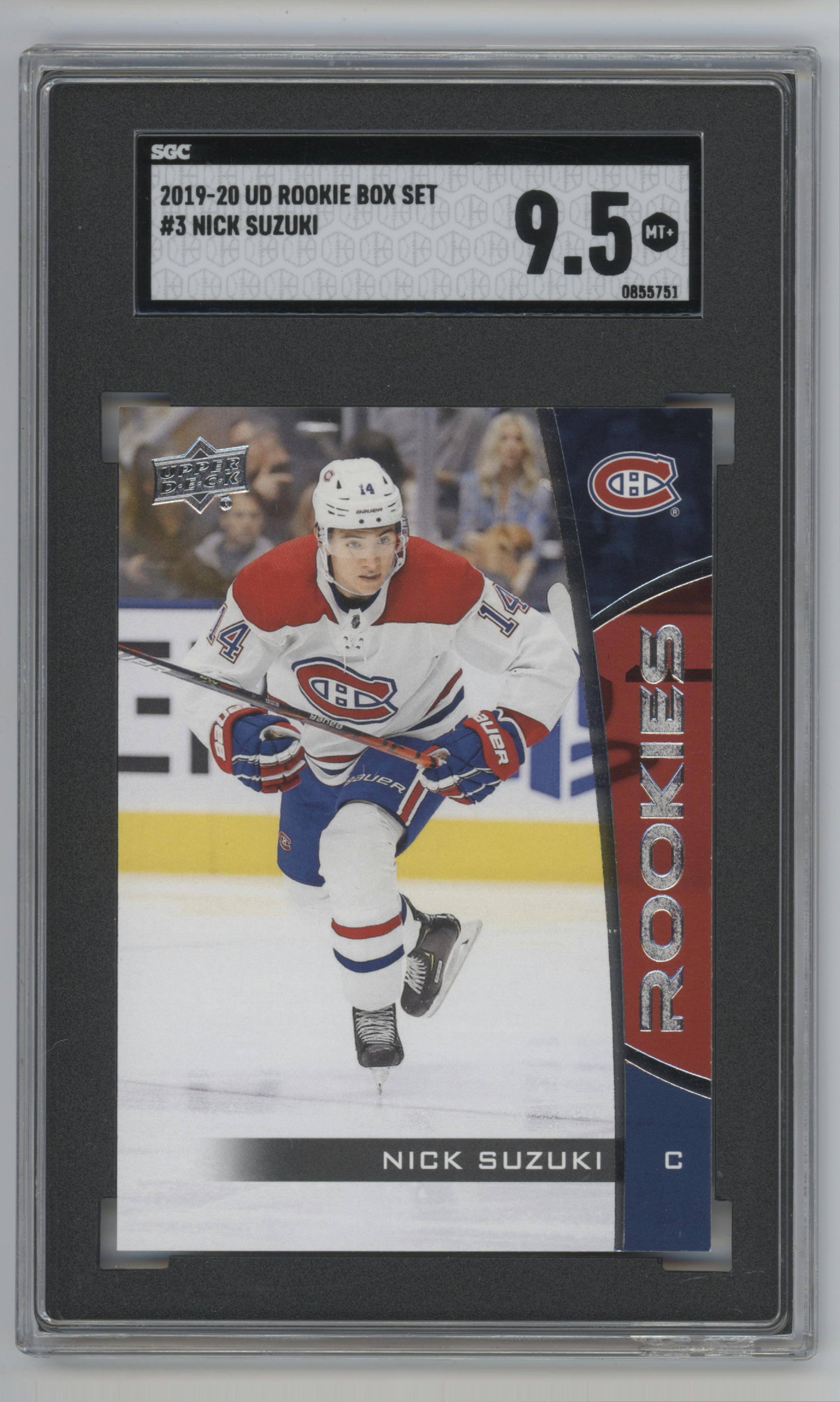 Nick Suzuki from the 2019-20 Upper Deck NHL Rookie Box Set set graded by SGC and given an overall grade of 9.5.
