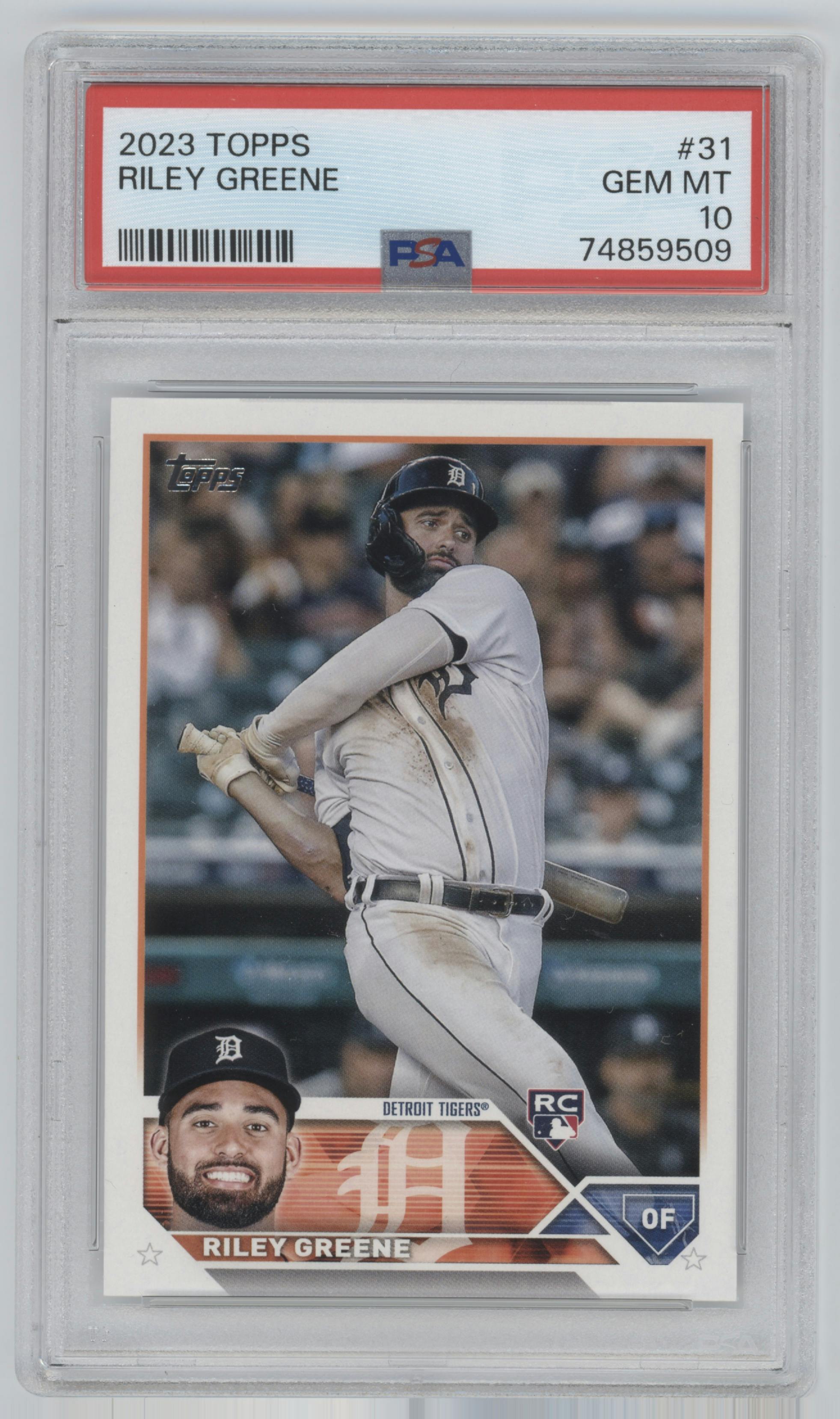 Riley Greene from the 2023 Topps  set graded by PSA and given an overall grade of 10.