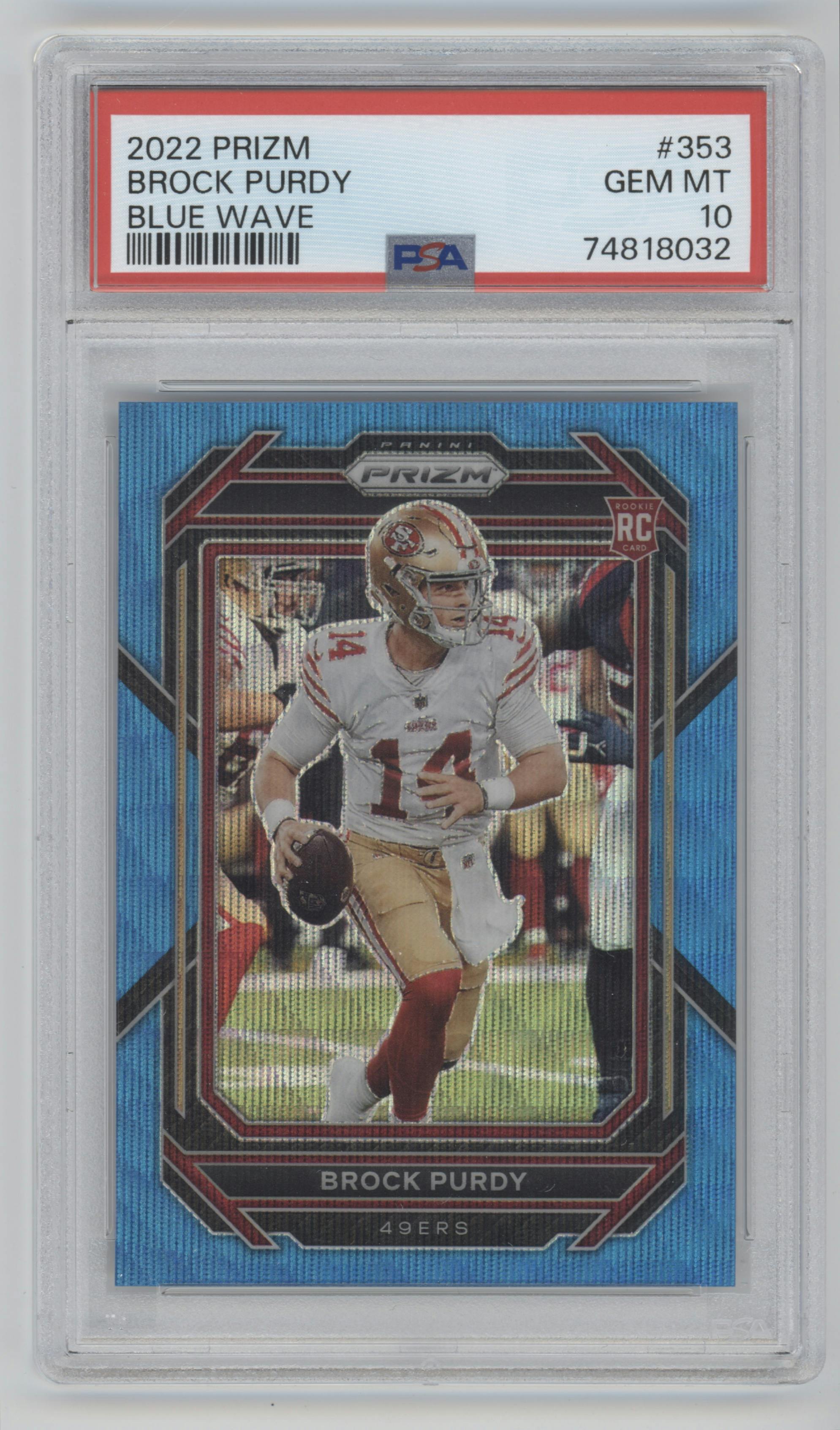 Brock Purdy from the 2022 Panini Prizm set featuring a Blue Wave parallel graded by PSA and given an overall grade of 10.