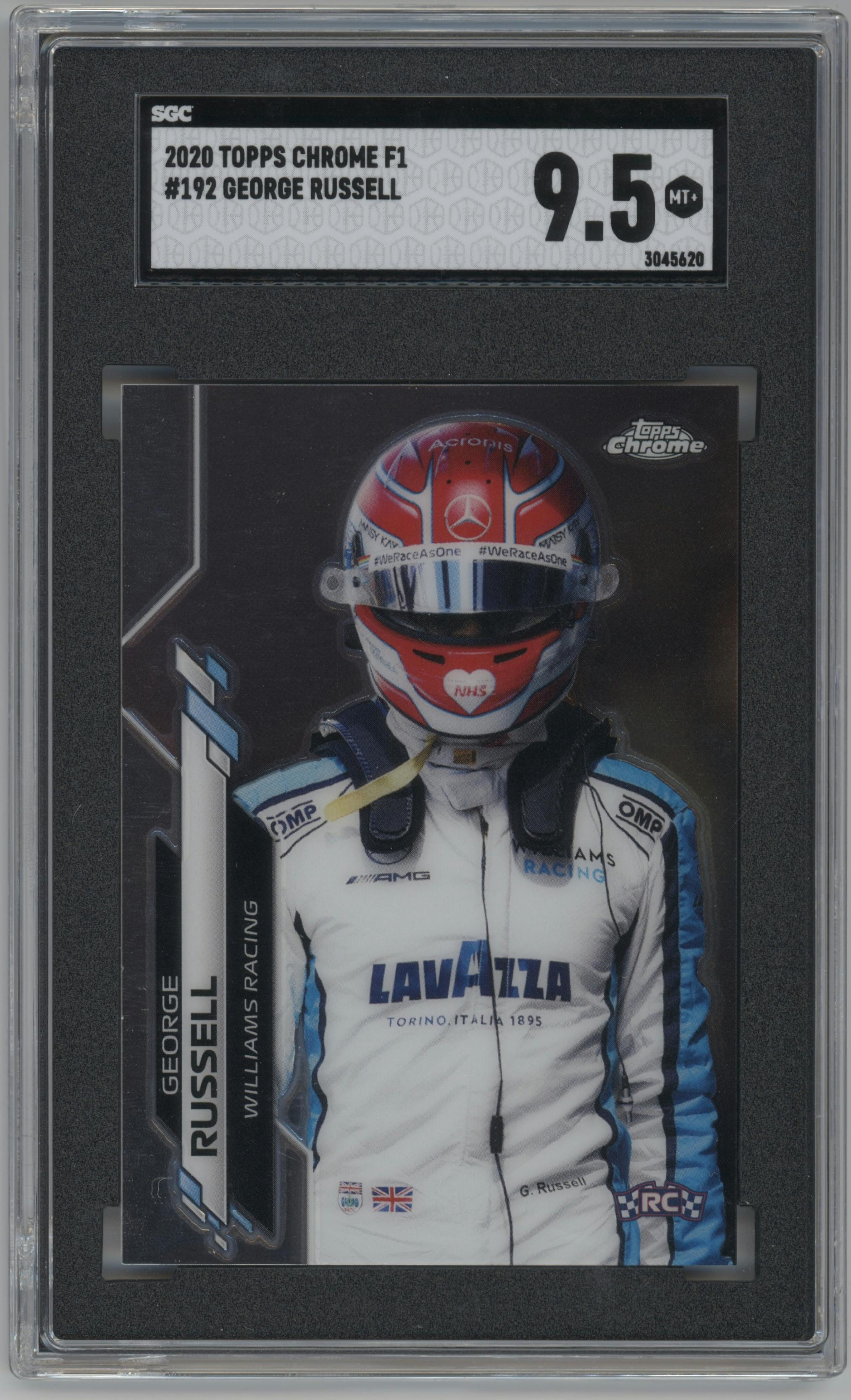 George Russell from the 2020 Topps Chrome F1  set graded by SGC and given an overall grade of 9.5.