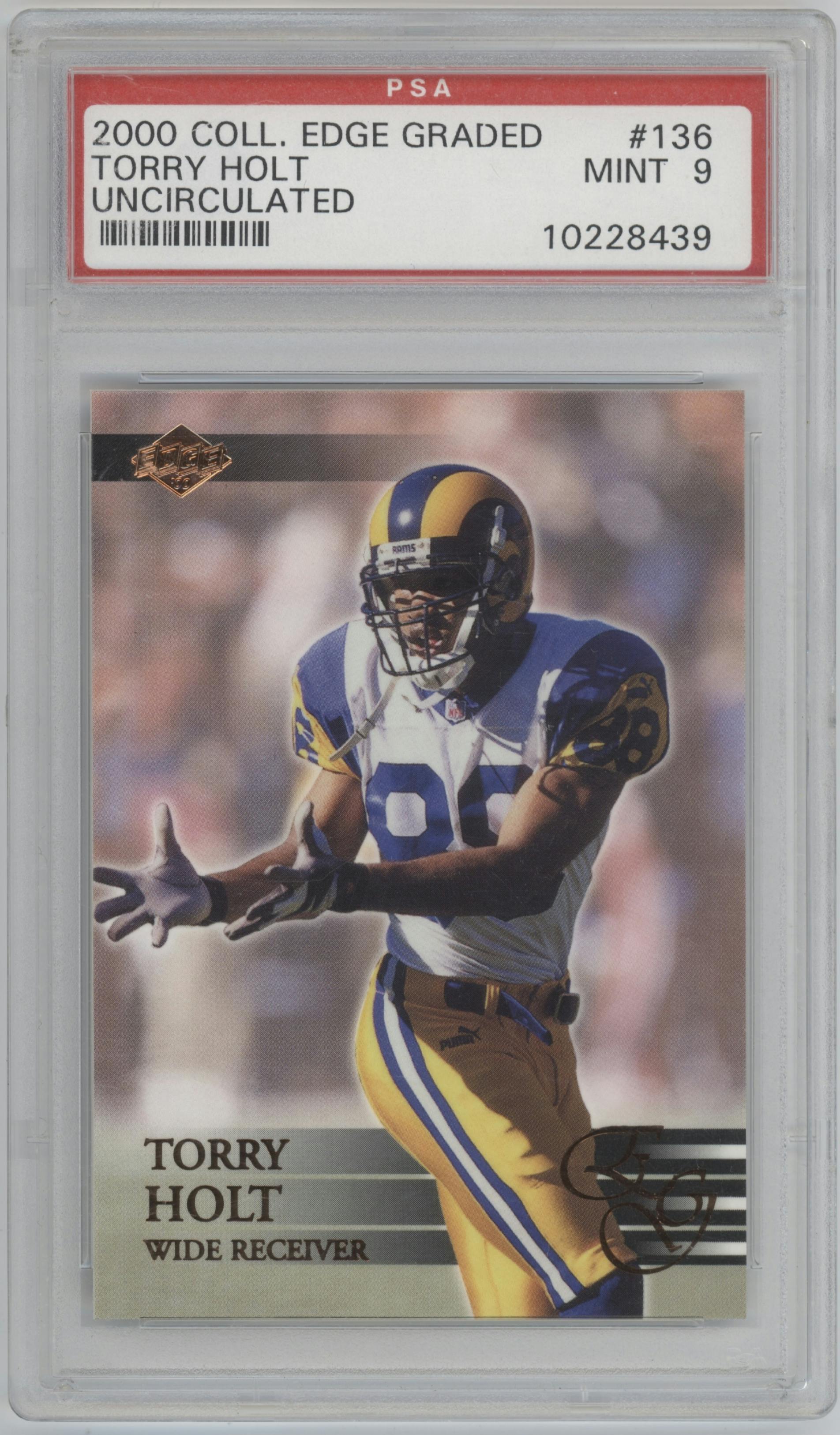 Torry Holt from the 2000 Collector's Edge EG set featuring a Uncirculated parallel graded by PSA and given an overall grade of 9.