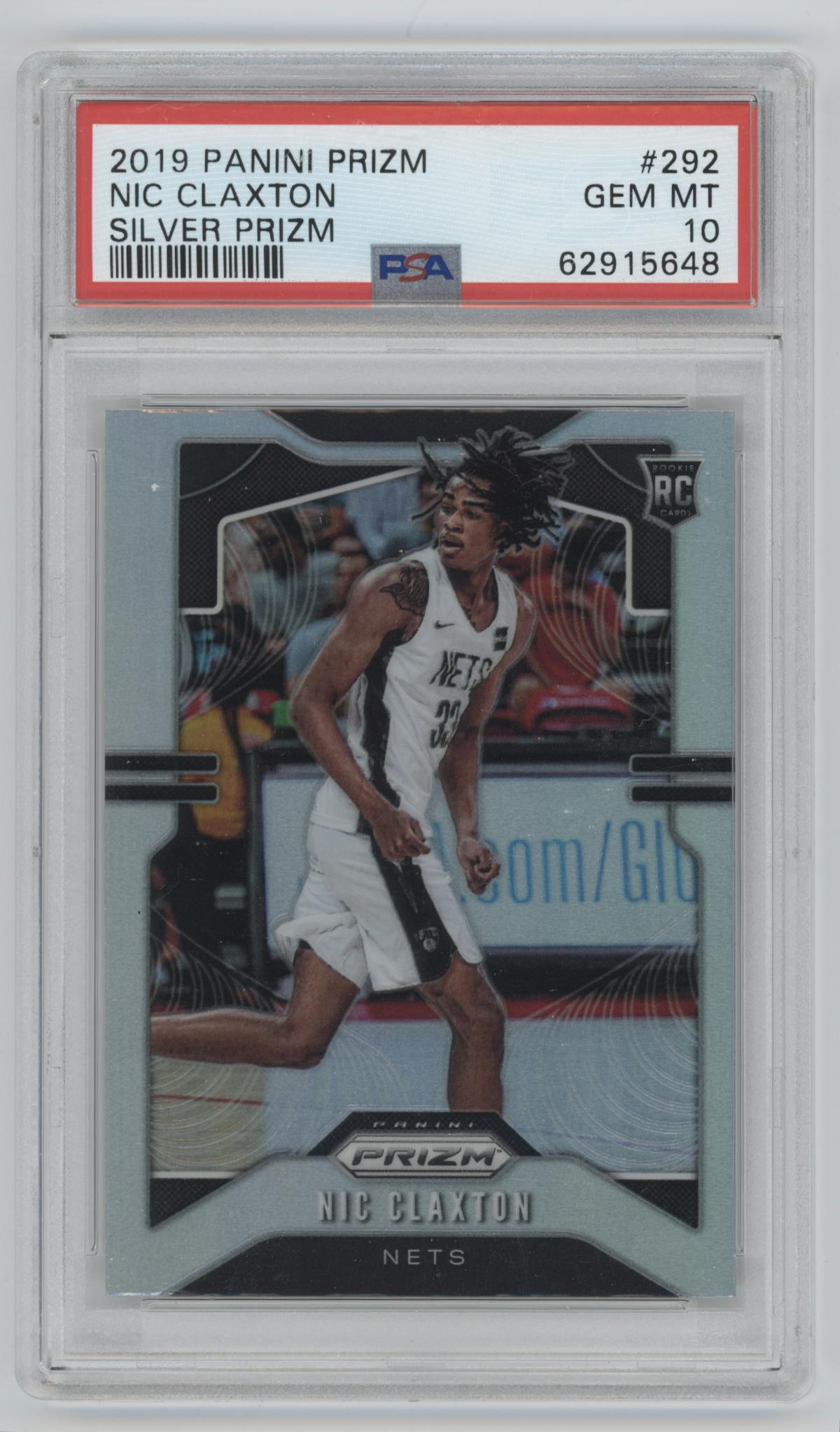 Nicolas Claxton from the 2019-20 Panini Prizm set featuring a Silver Prizm parallel graded by PSA and given an overall grade of 10.