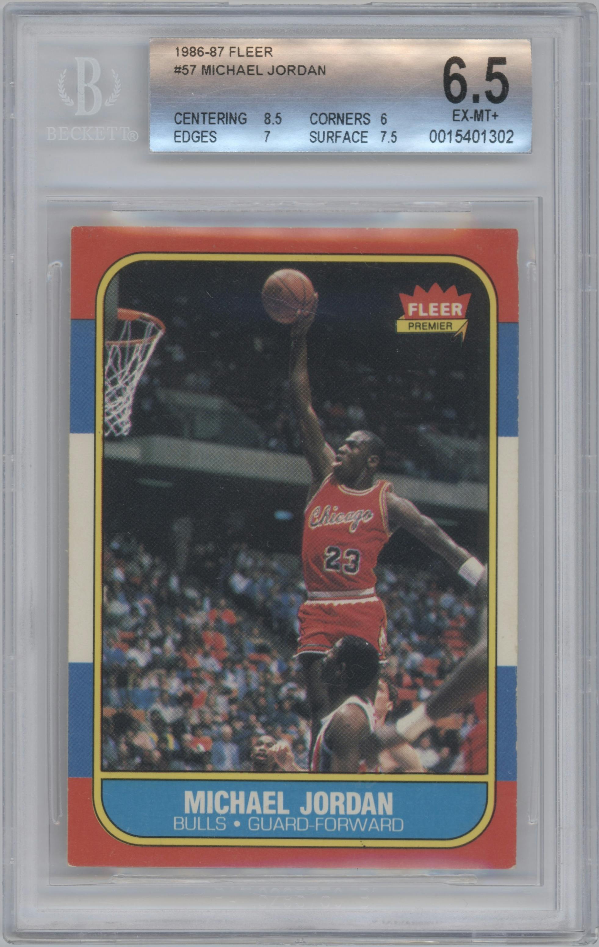 Michael Jordan from the 1986-87 Fleer set graded by Beckett and given an overall grade of 6.5.