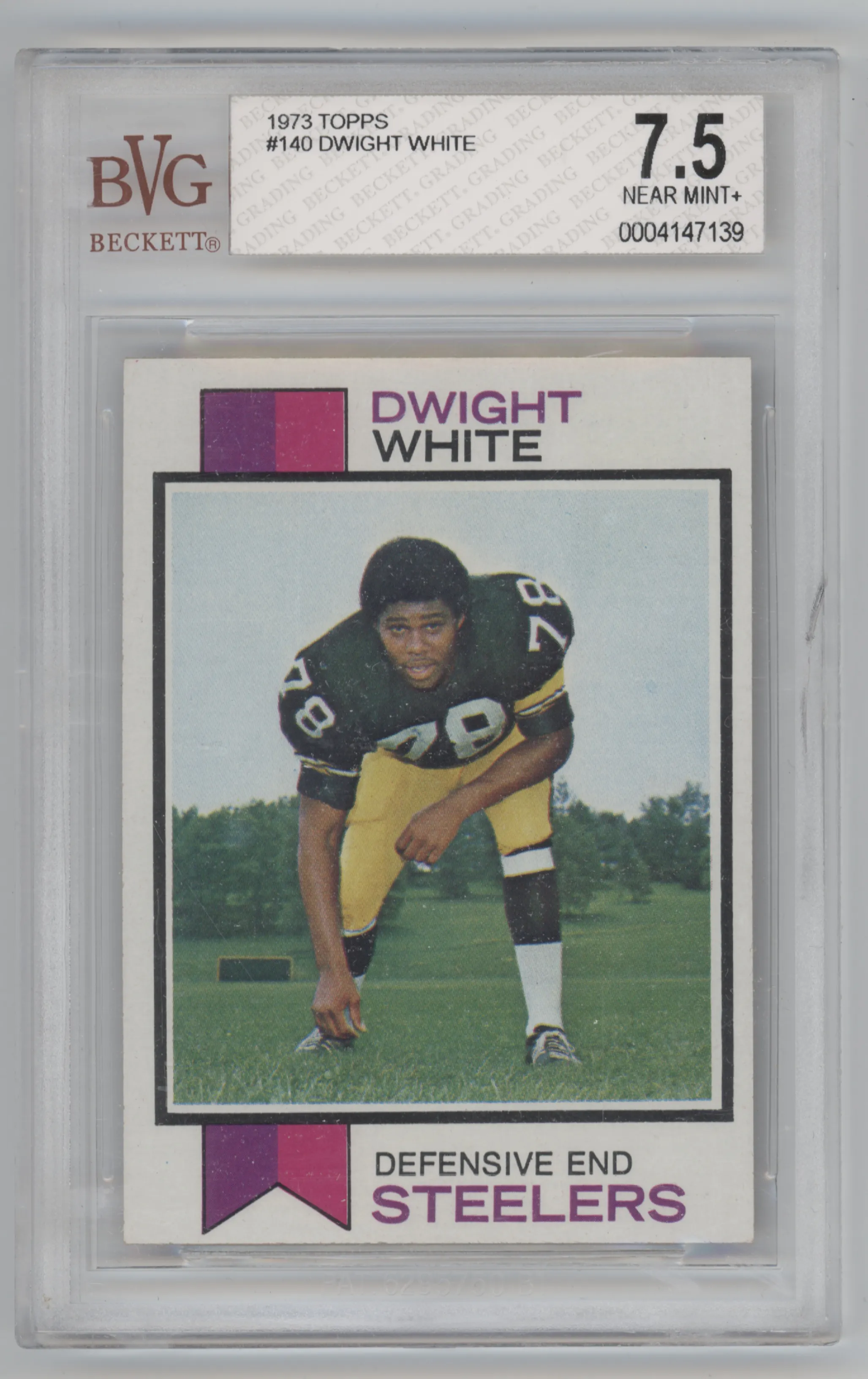 Dwight White from the 1973 Topps set graded by Beckett and given an overall grade of 7.5.
