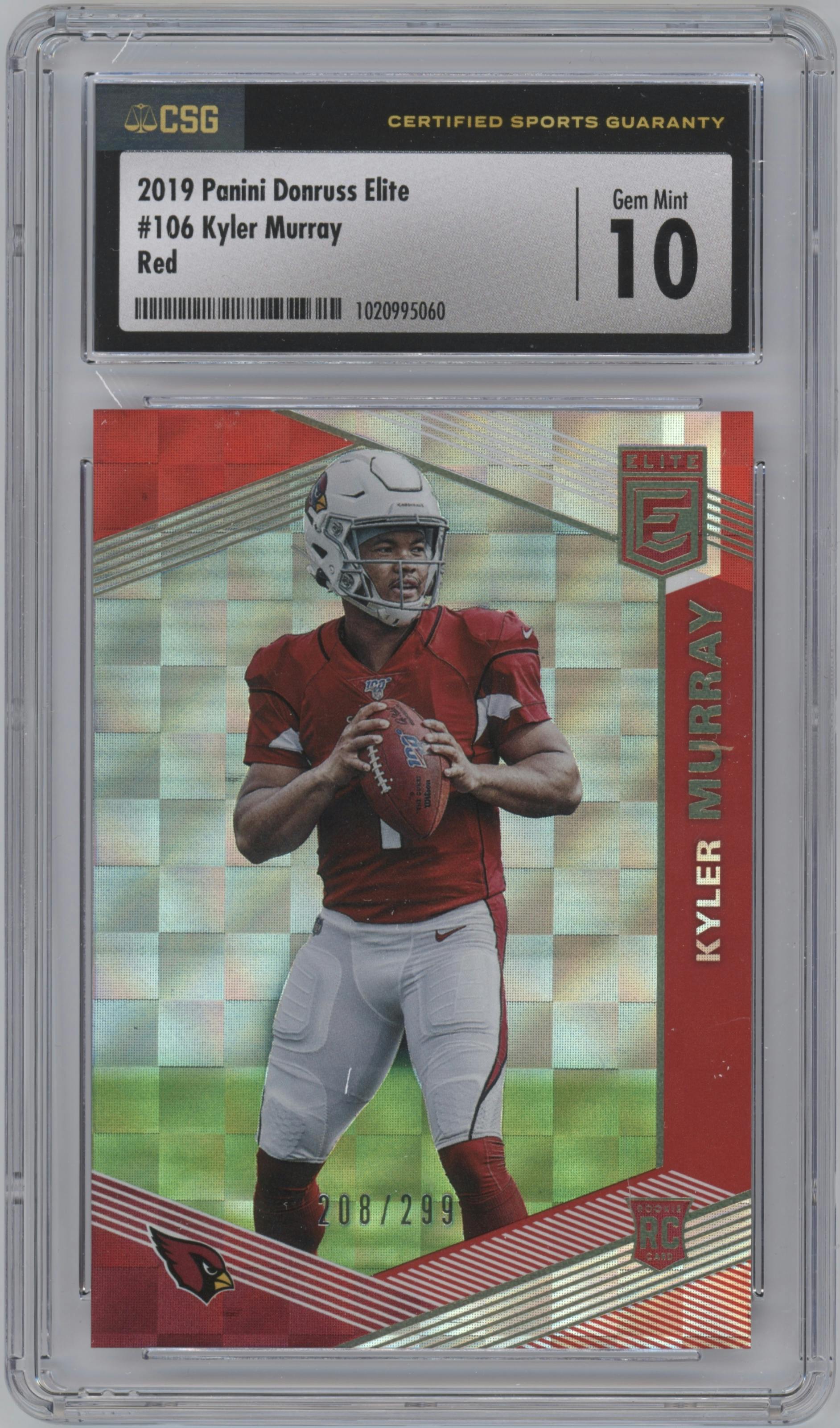 Kyler Murray from the 2019 Panini Donruss Elite set featuring a Red parallel graded by CSG and given an overall grade of 10.
