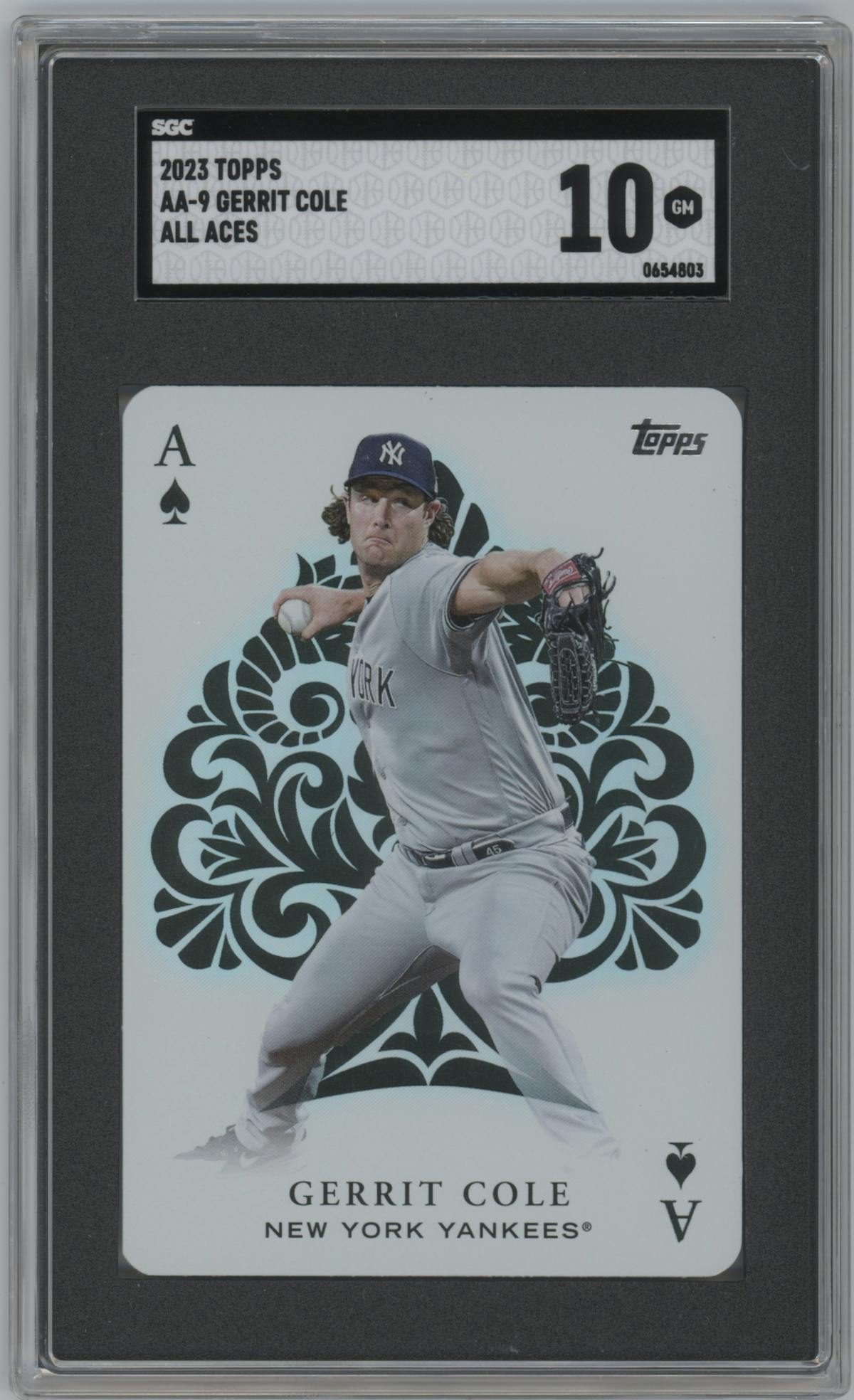 Gerrit Cole from the 2023 Topps Series 1 set graded by SGC and given an overall grade of 10.