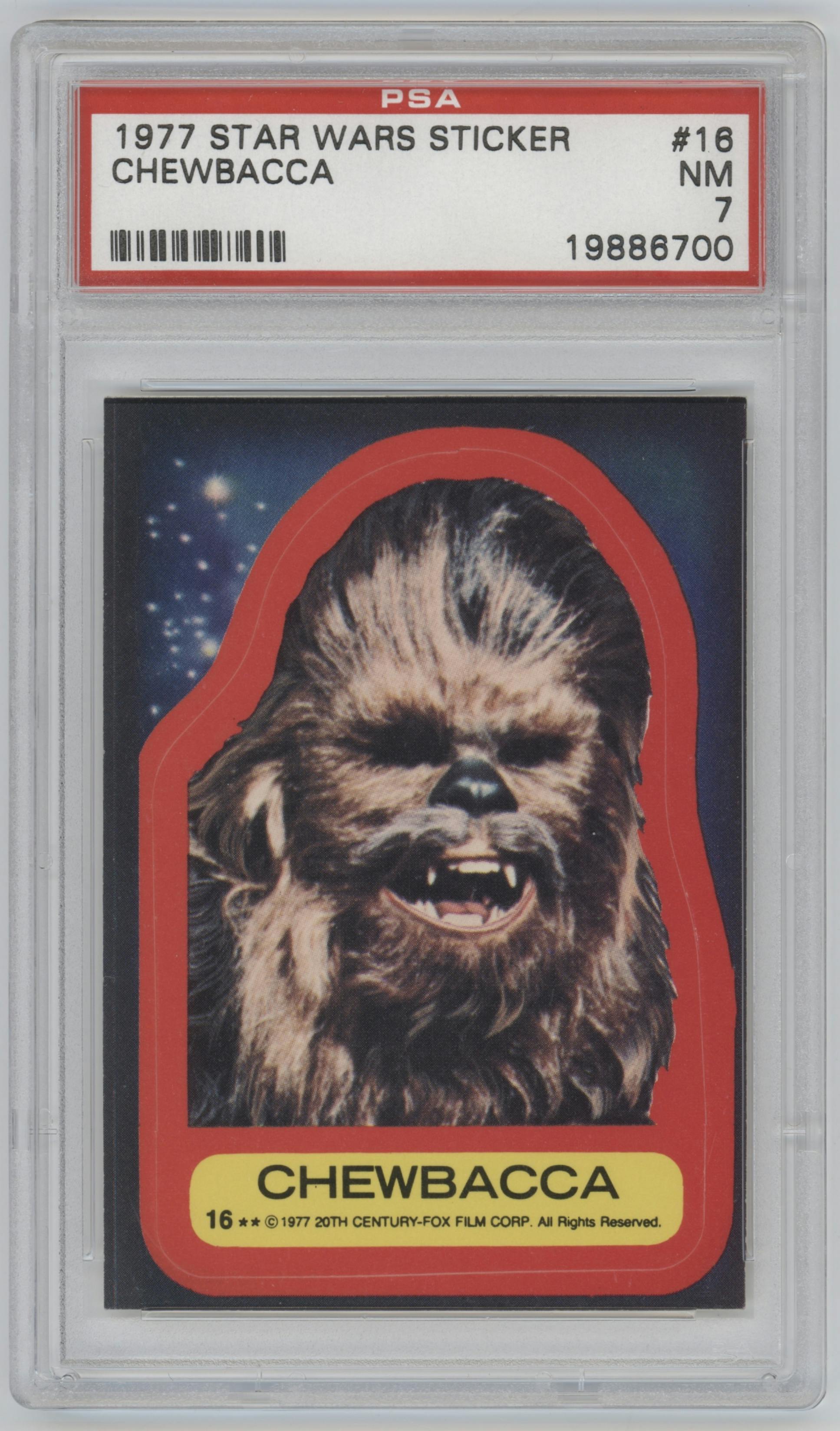 Chewbacca from the 1977 Topps Star Wars set graded by PSA and given an overall grade of 7.