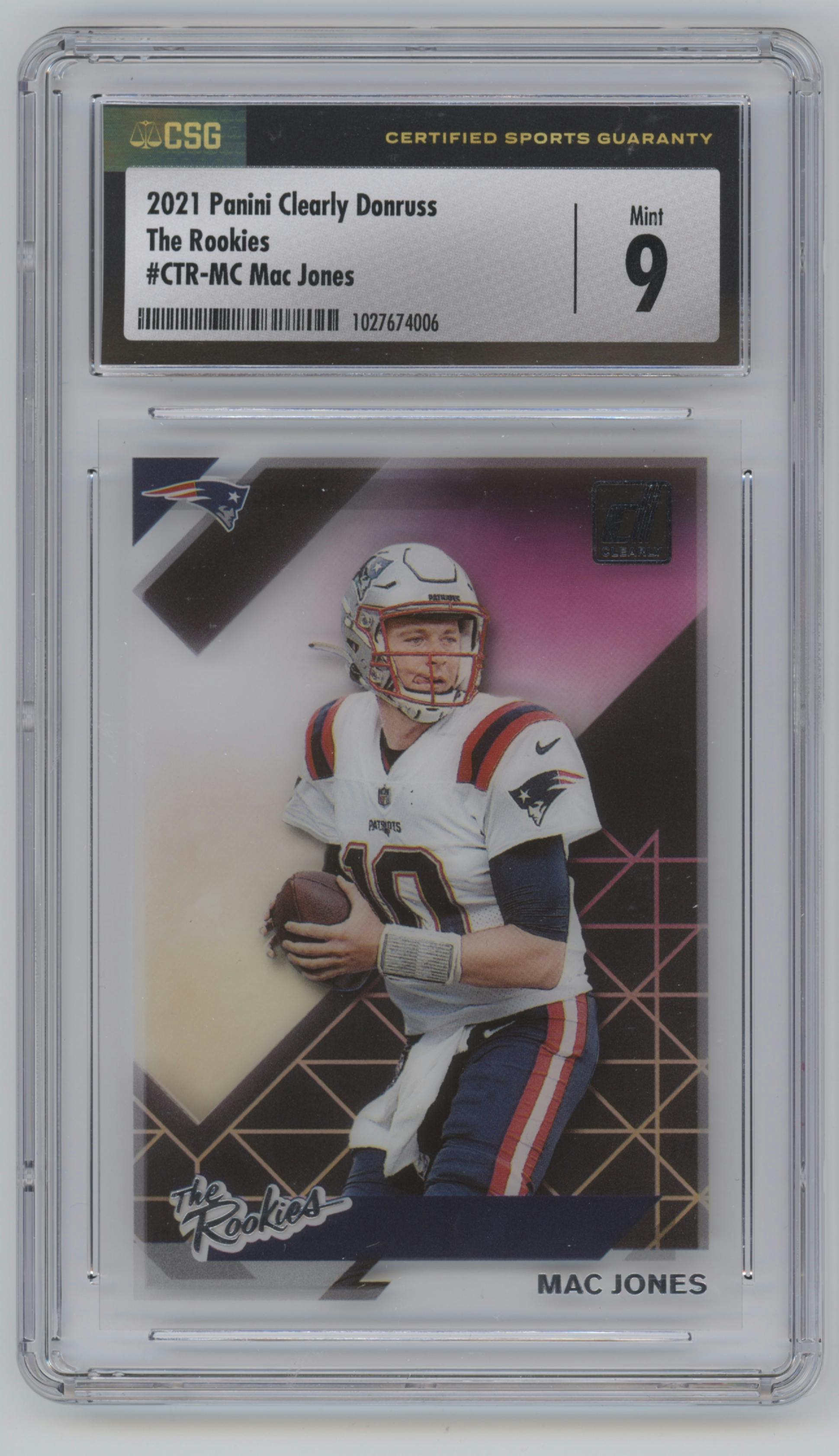 Mac Jones from the 2021 Panini Clearly Donruss set graded by CSG and given an overall grade of 9.