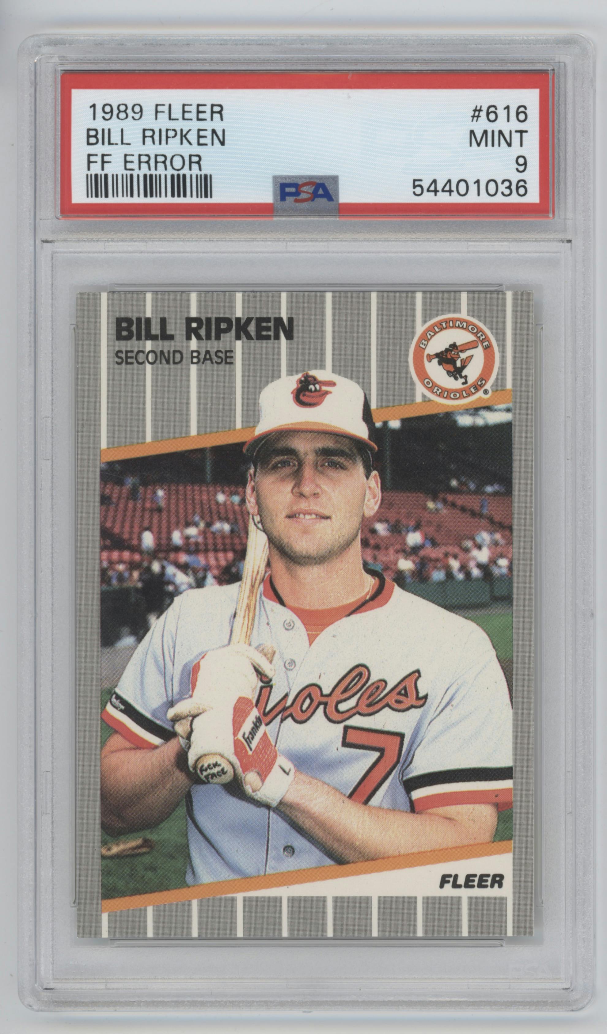 Bill Ripken from the 1989 Fleer set featuring a FF Error parallel graded by PSA and given an overall grade of 9.