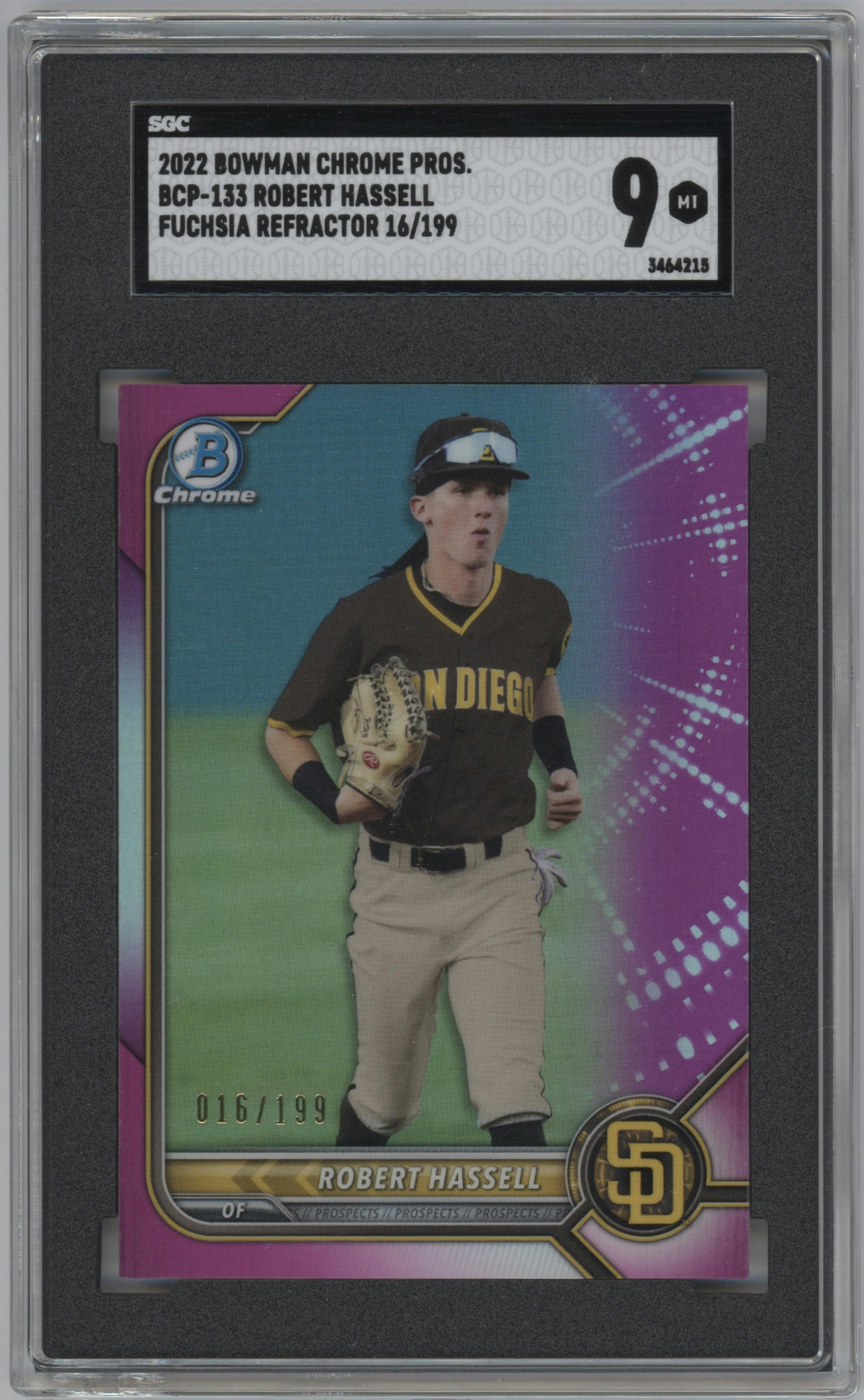 Robert Hassell from the 2022 Bowman set featuring a Fuchsia Refractor parallel graded by SGC and given an overall grade of 9.