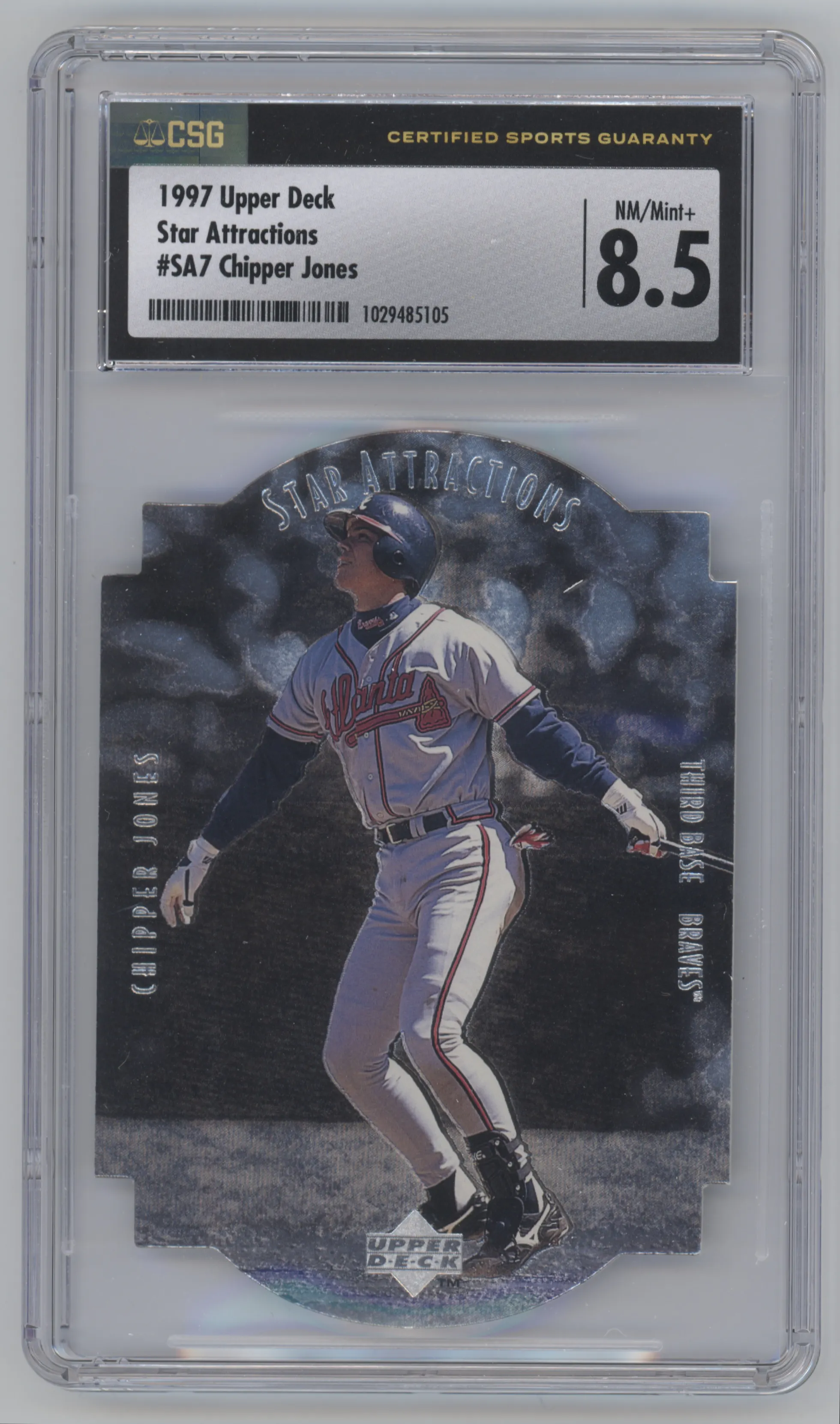 Chipper Jones from the 1997 Upper Deck set graded by CSG and given an overall grade of 8.5.