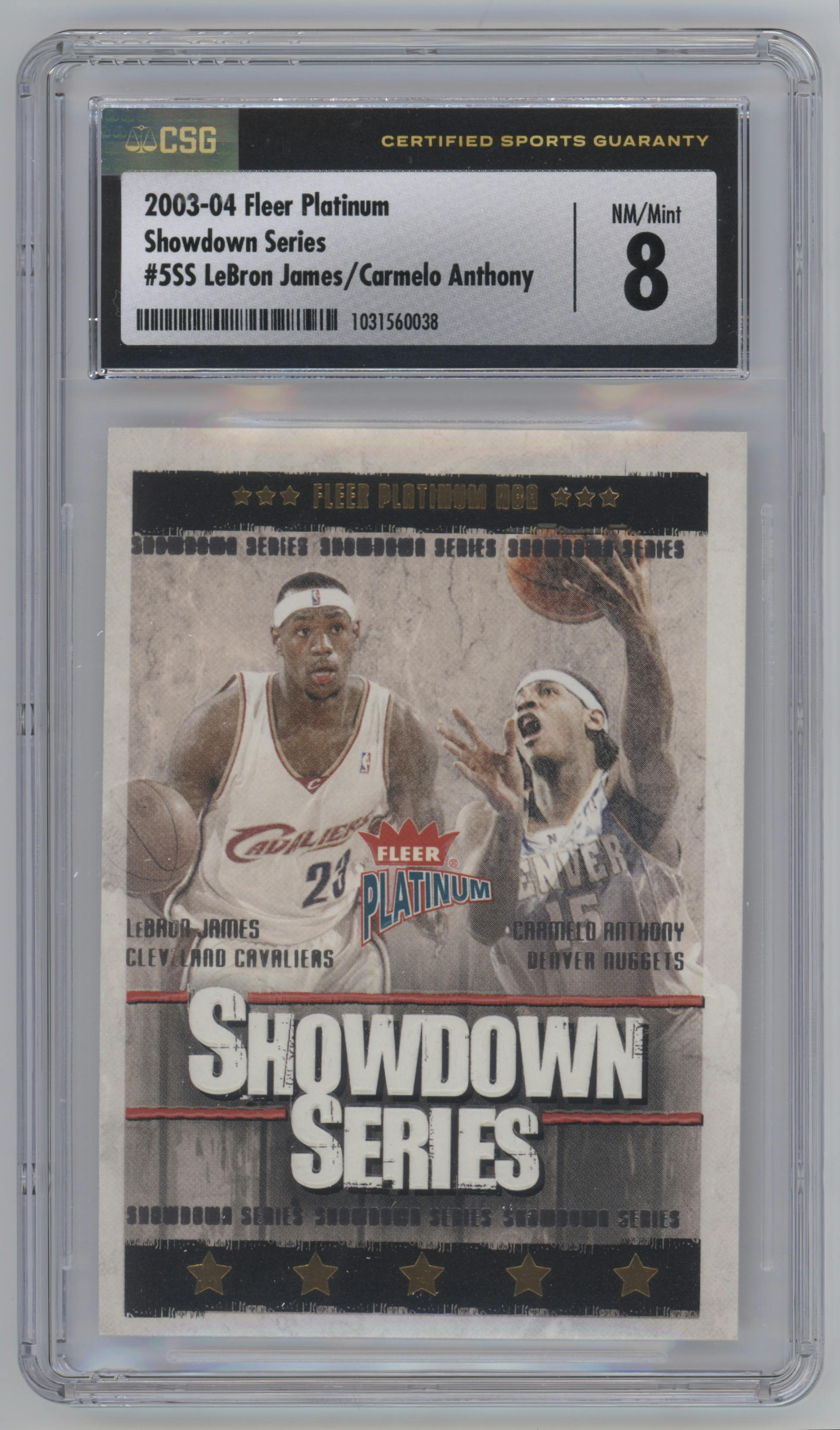 LeBron James/Carmelo Anthony from the 2003-04 Fleer Platinum set graded by SGC and given an overall grade of 8.