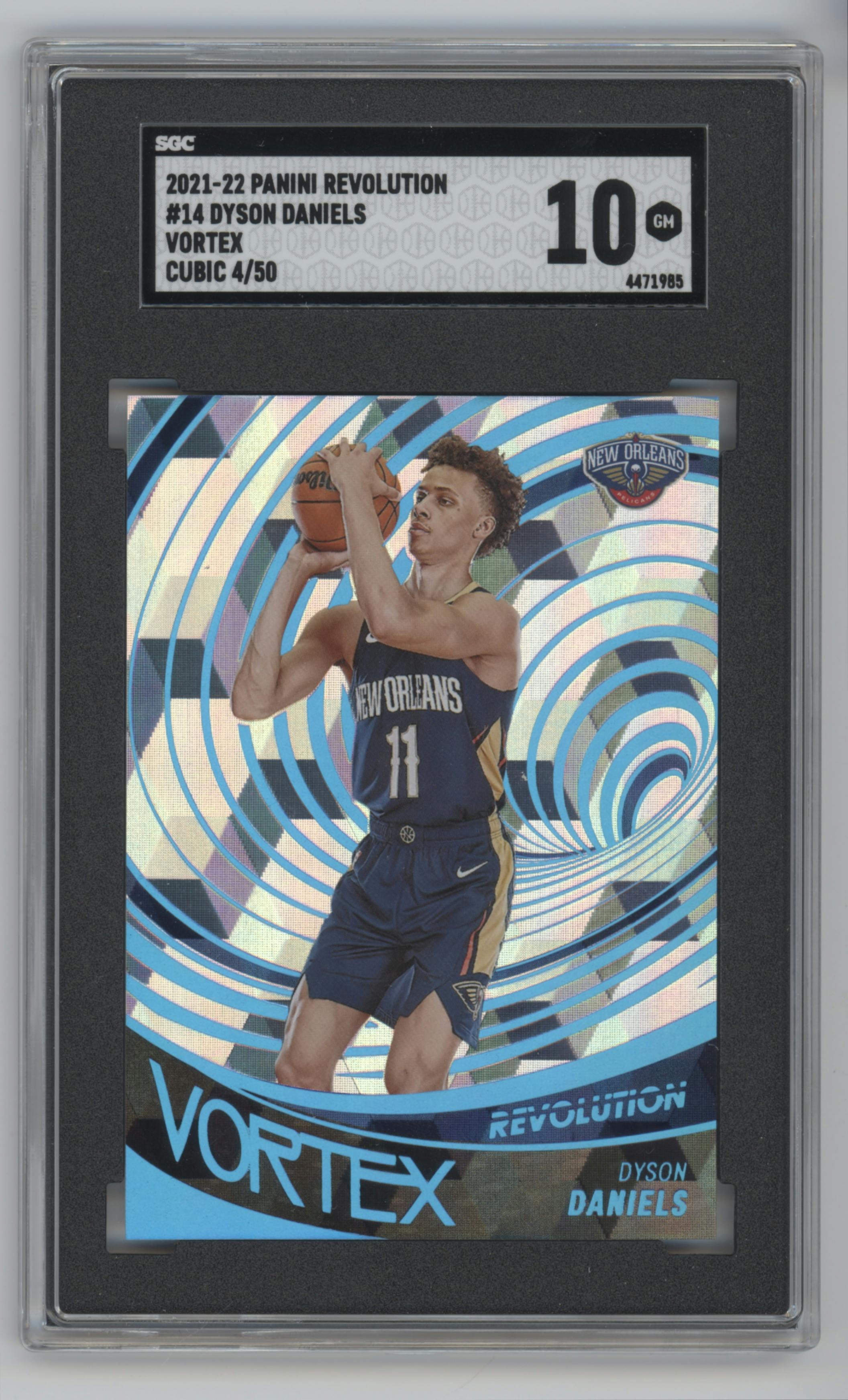 Dyson Daniels from the 2021-22 Panini Revolution  set featuring a Cubic parallel graded by SGC and given an overall grade of 10.
