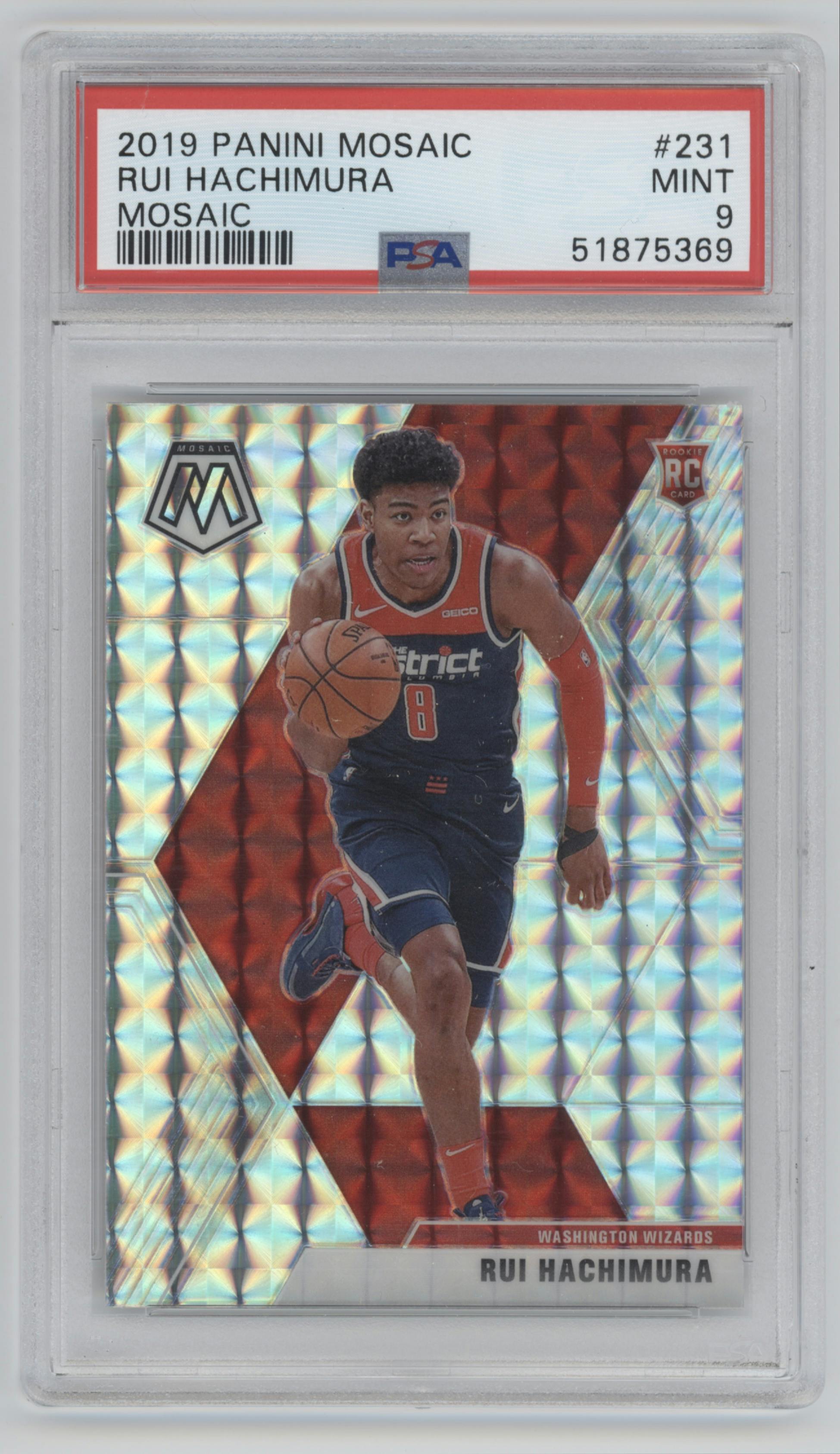 Rui Hachimura from the 2019-20 Panini Mosaic  set featuring a Silver Mosaic parallel graded by PSA and given an overall grade of 9.