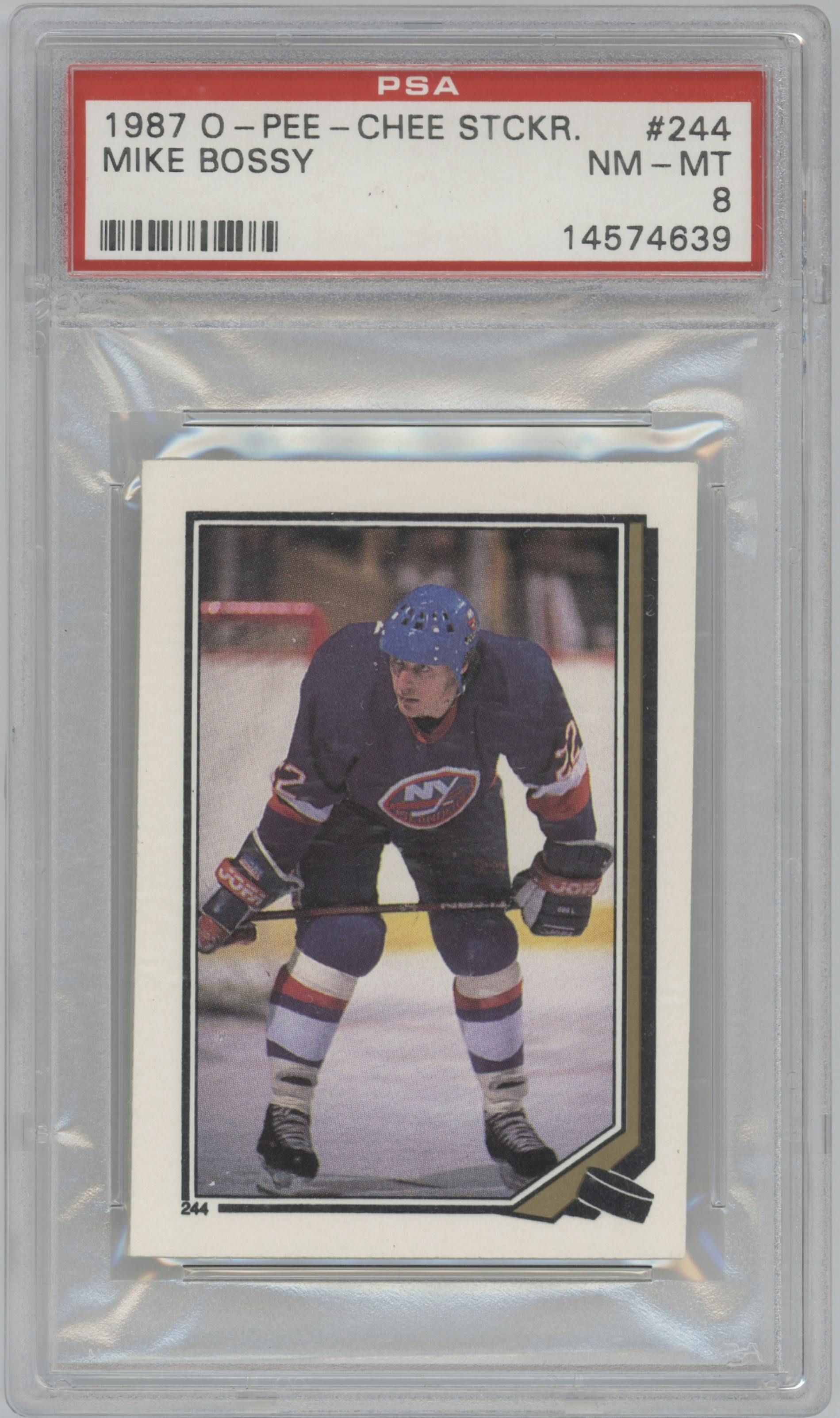 Mike Bossy from the 1987-88 O-Pee-Chee Stickers set graded by PSA and given an overall grade of 8.