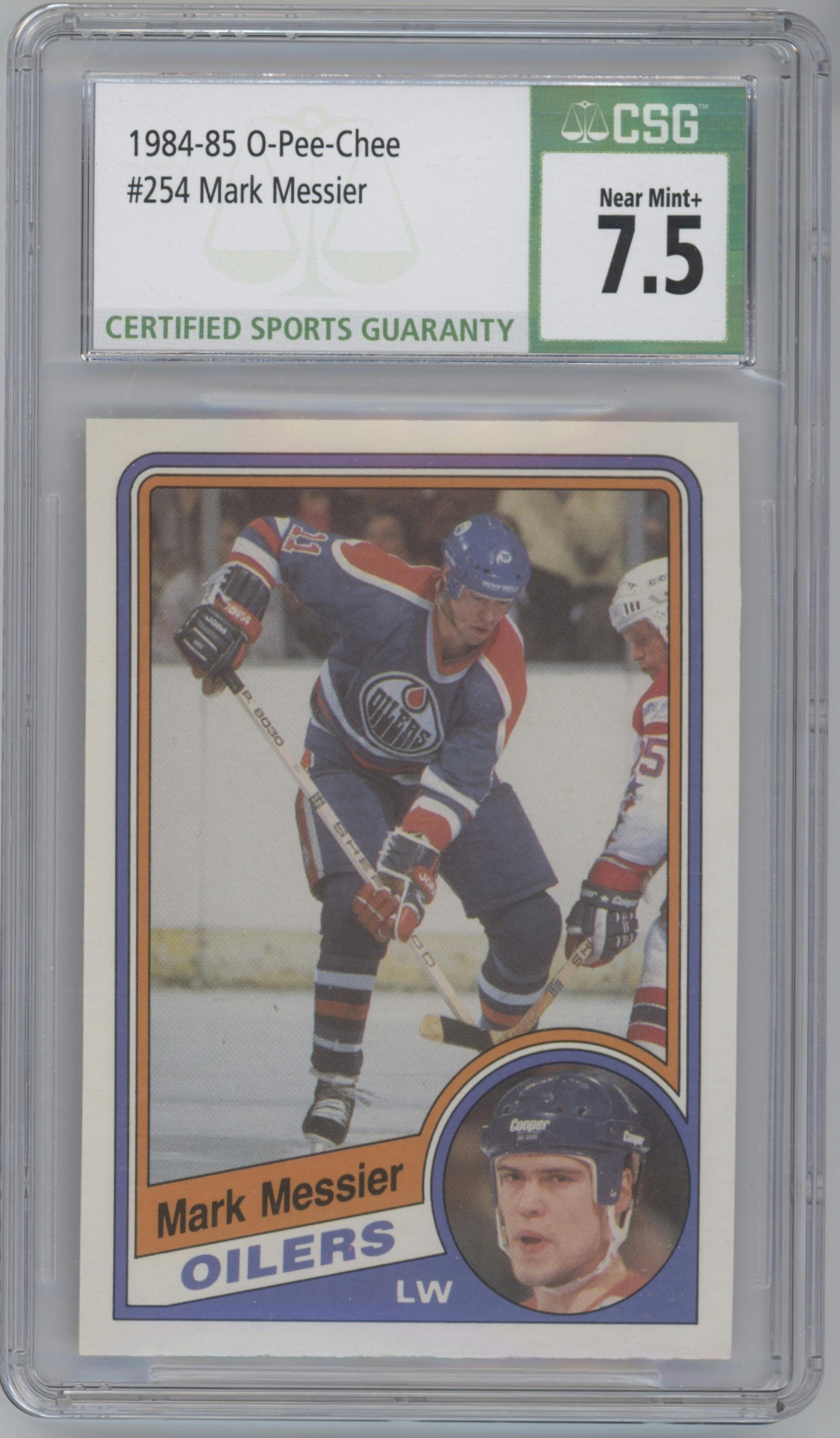 Mark Messier from the 1984-85 O-Pee-Chee set graded by CSG and given an overall grade of 7.5.