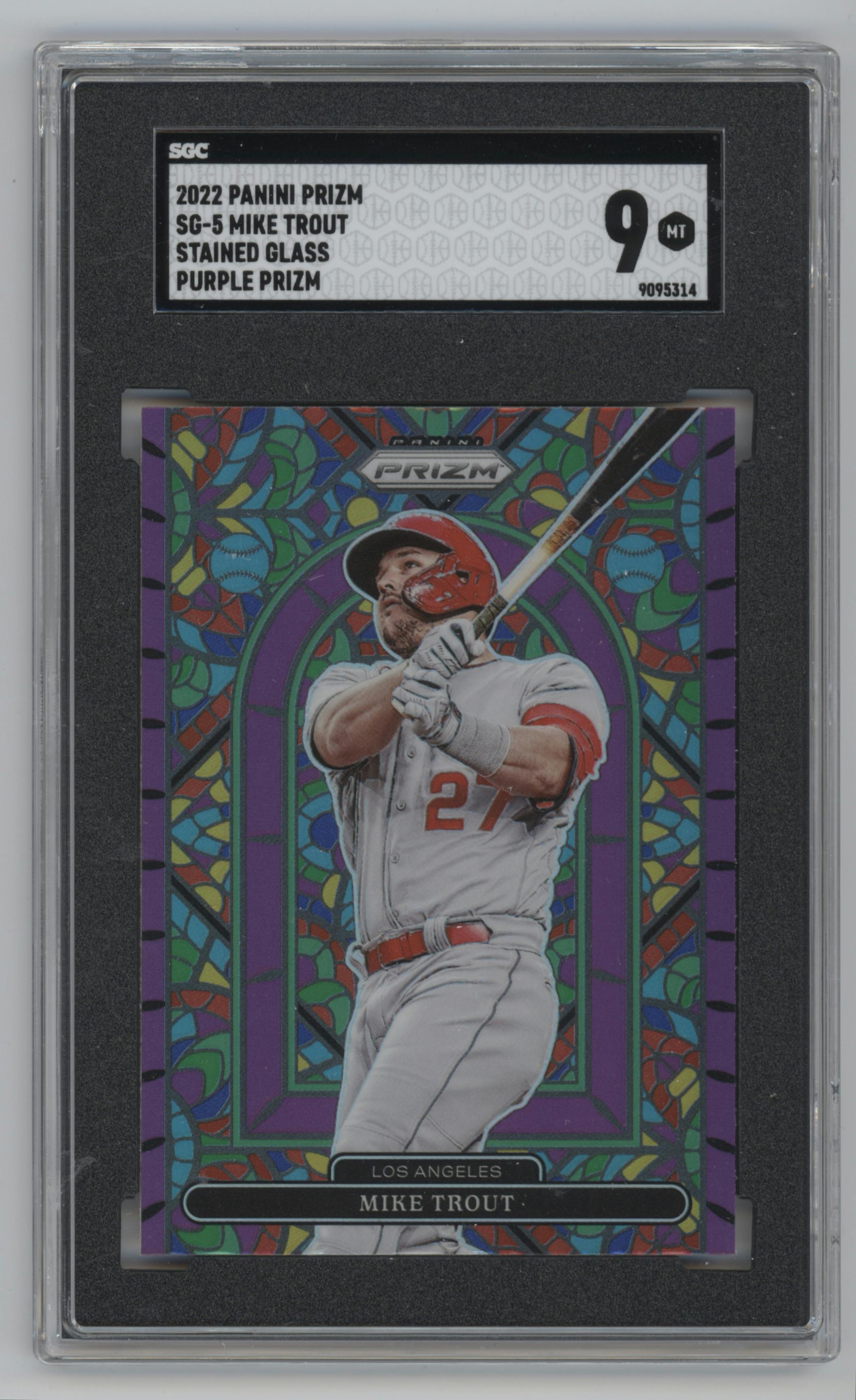 Mike Trout from the 2022 Panini Prizm set featuring a Purple Prizm parallel graded by SGC and given an overall grade of 9.