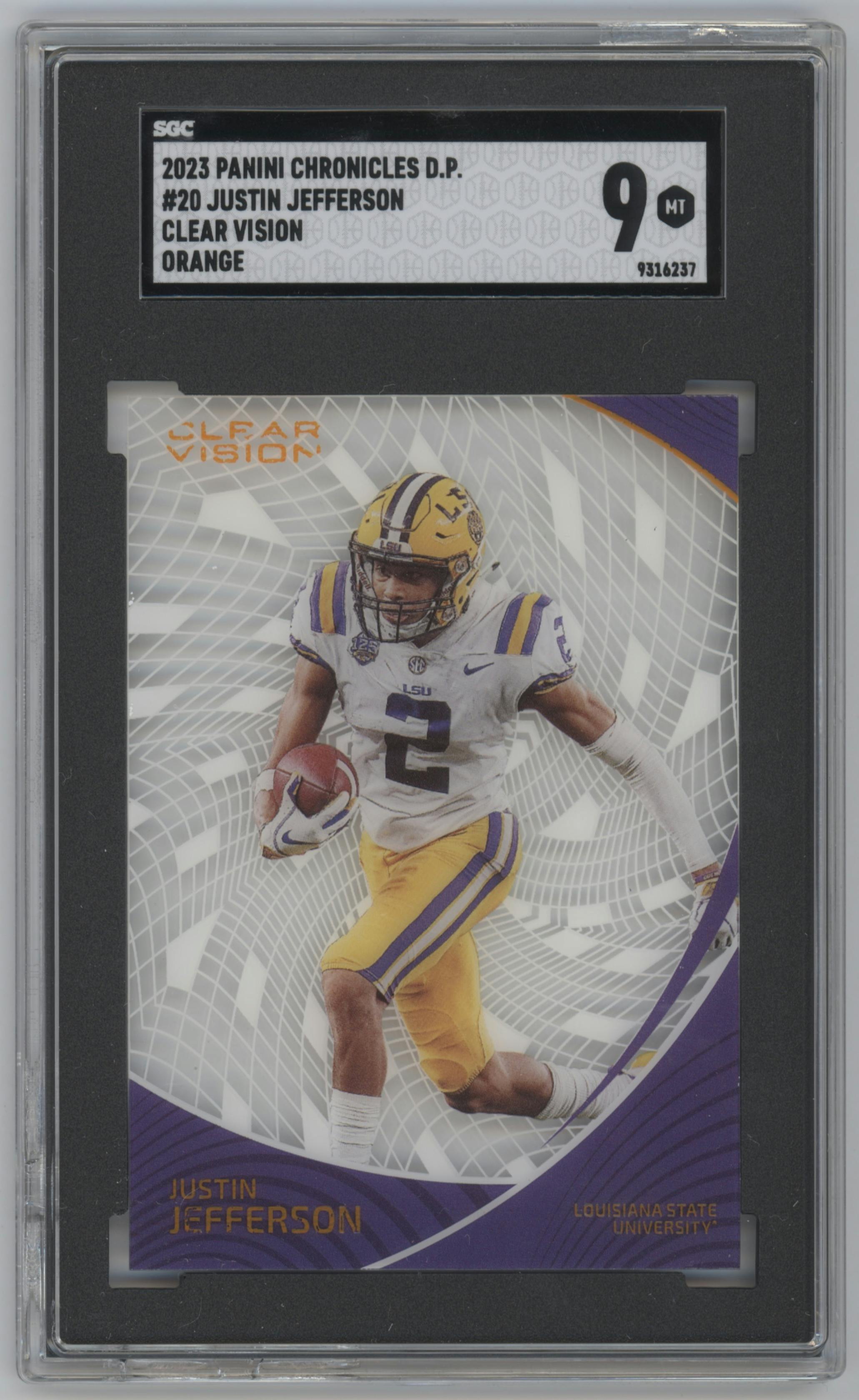 Justin Jefferson from the 2023 Panini Chronicles Draft Picks set featuring a Orange parallel graded by SGC and given an overall grade of 9.