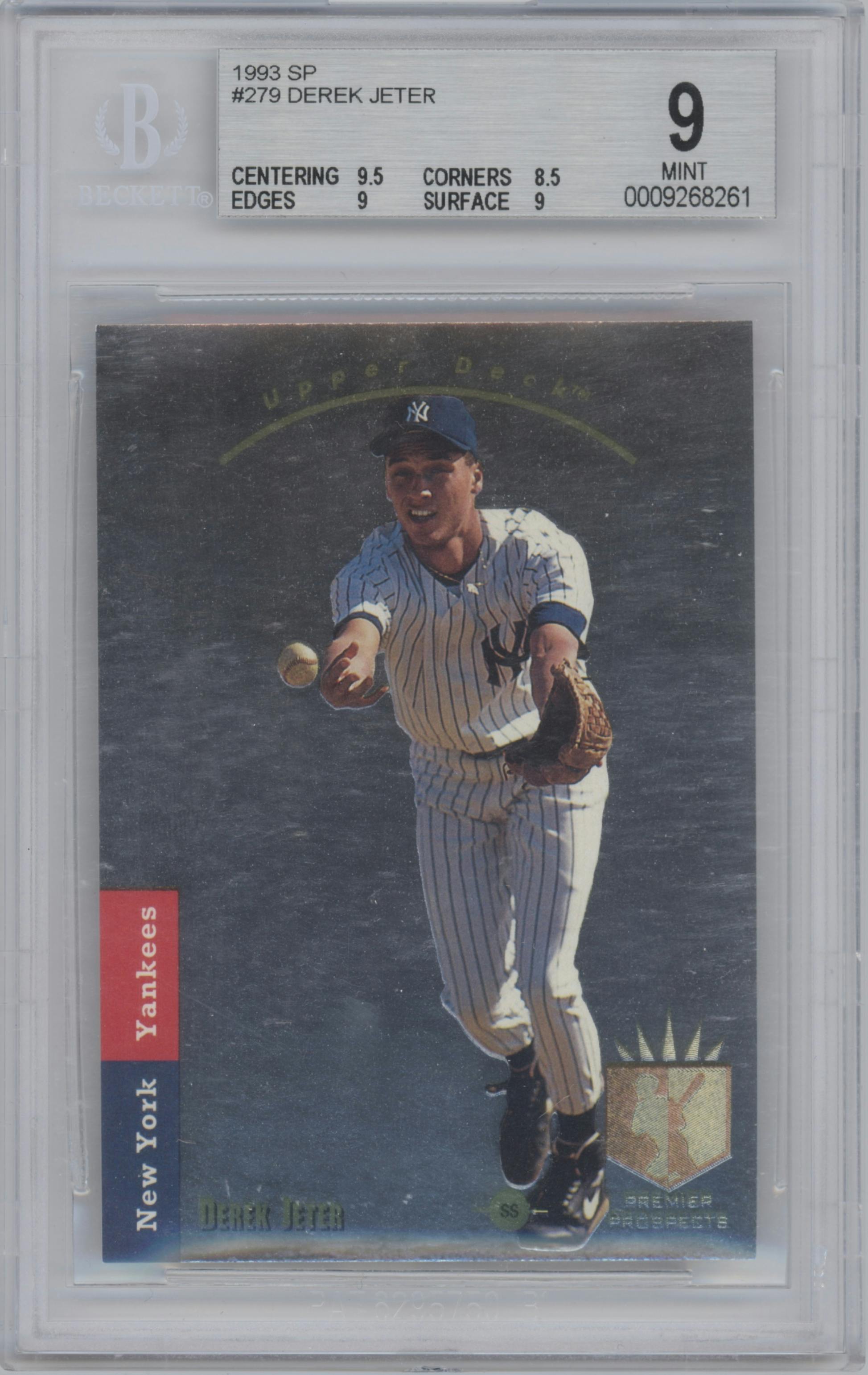 Derek Jeter from the 1993 Upper Deck SP set graded by Beckett and given an overall grade of 9.