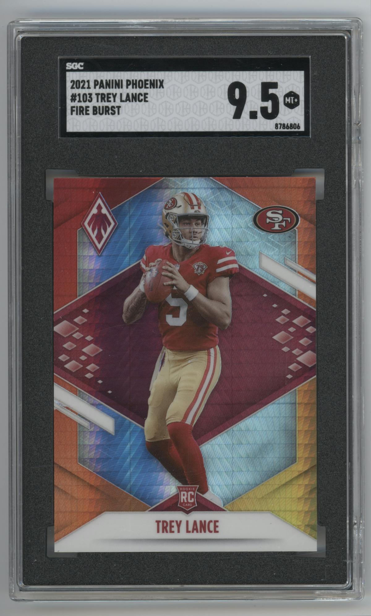 Trey Lance from the 2021 Panini Phoenix set featuring a Fire Burst parallel graded by SGC and given an overall grade of 9.5.