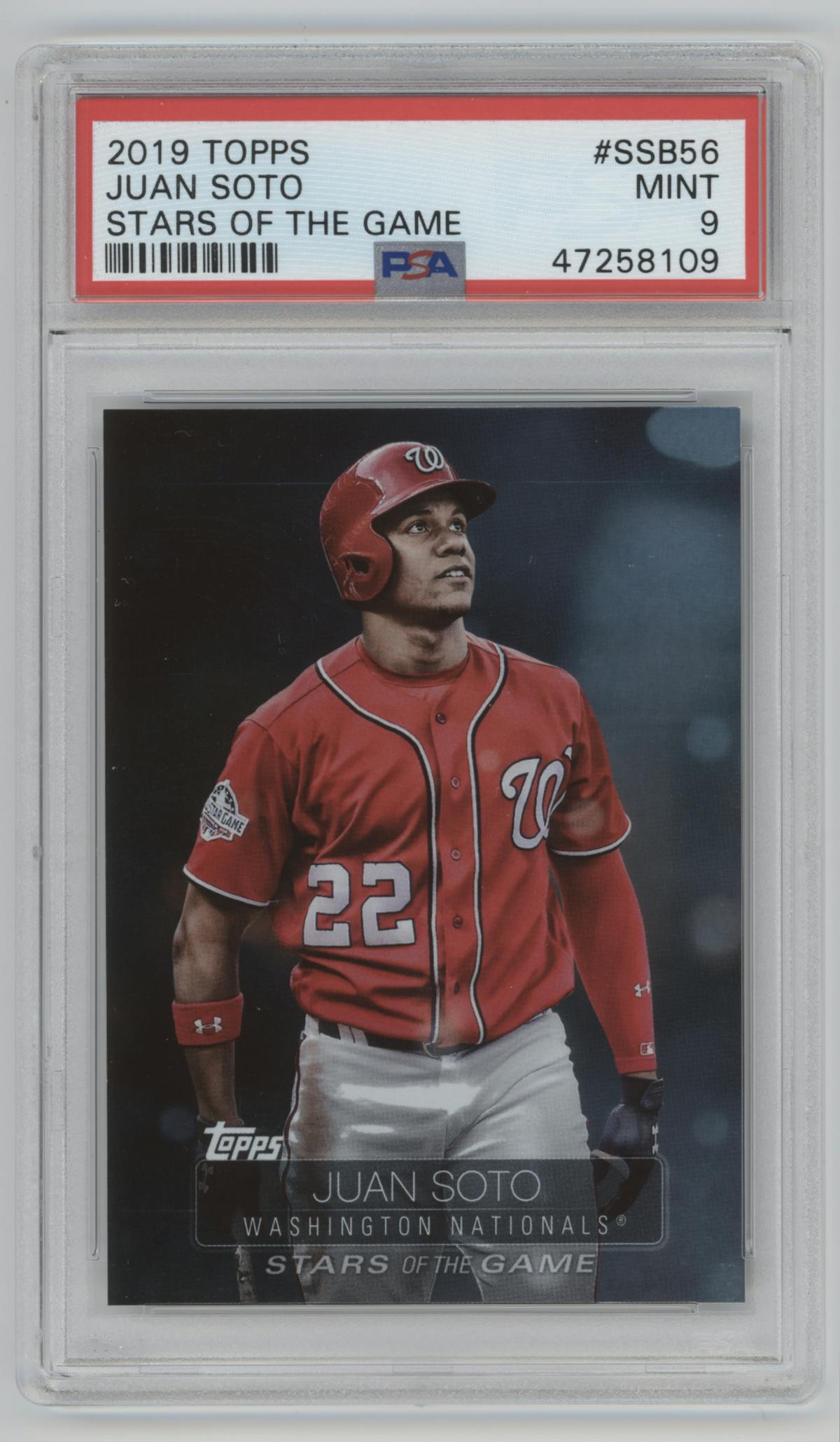 Juan Soto from the 2019 Topps Series 1 set graded by PSA and given an overall grade of 9.