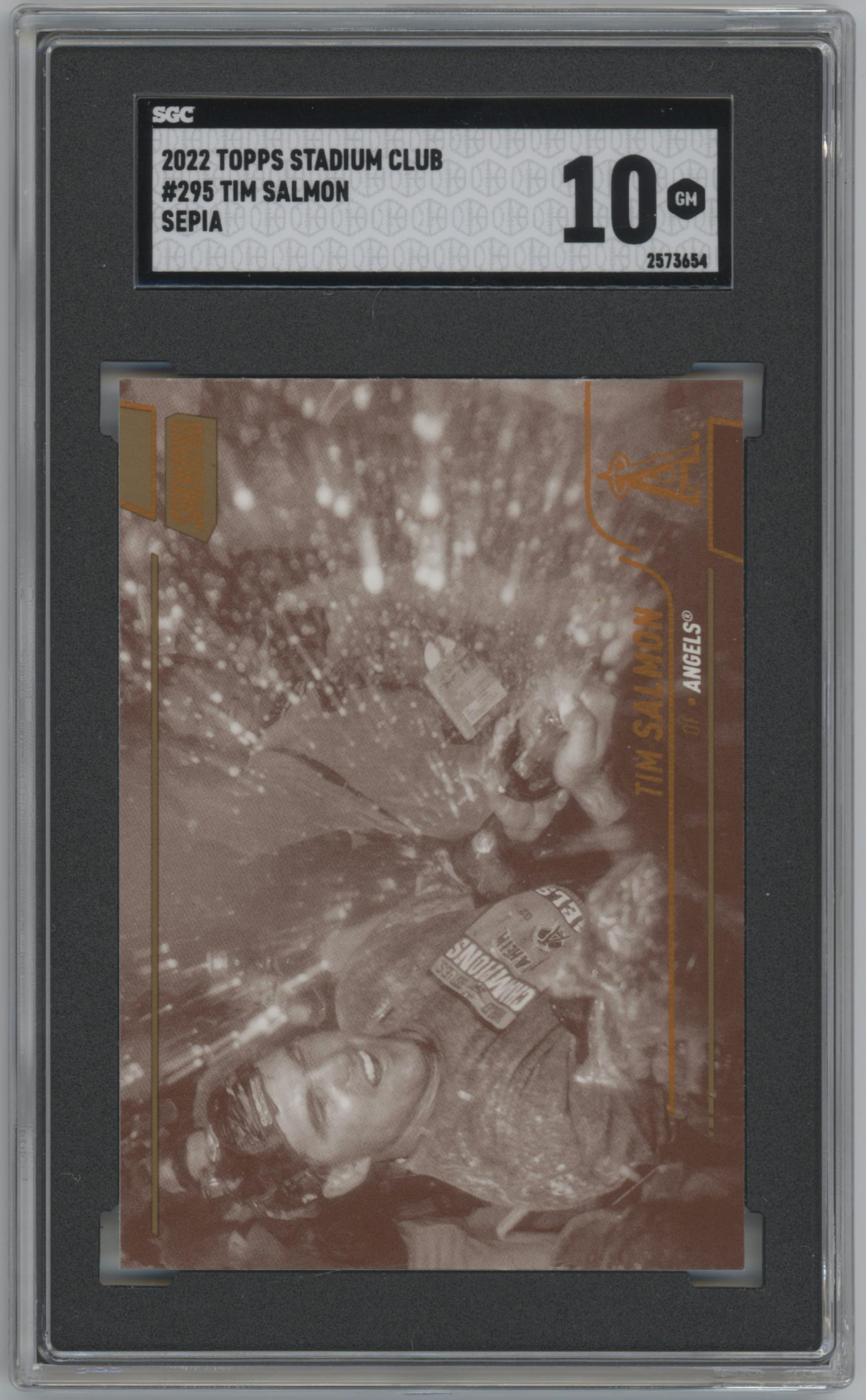 Tim Salmon from the 2022 Topps Stadium Club set featuring a Sepia parallel graded by SGC and given an overall grade of 10.