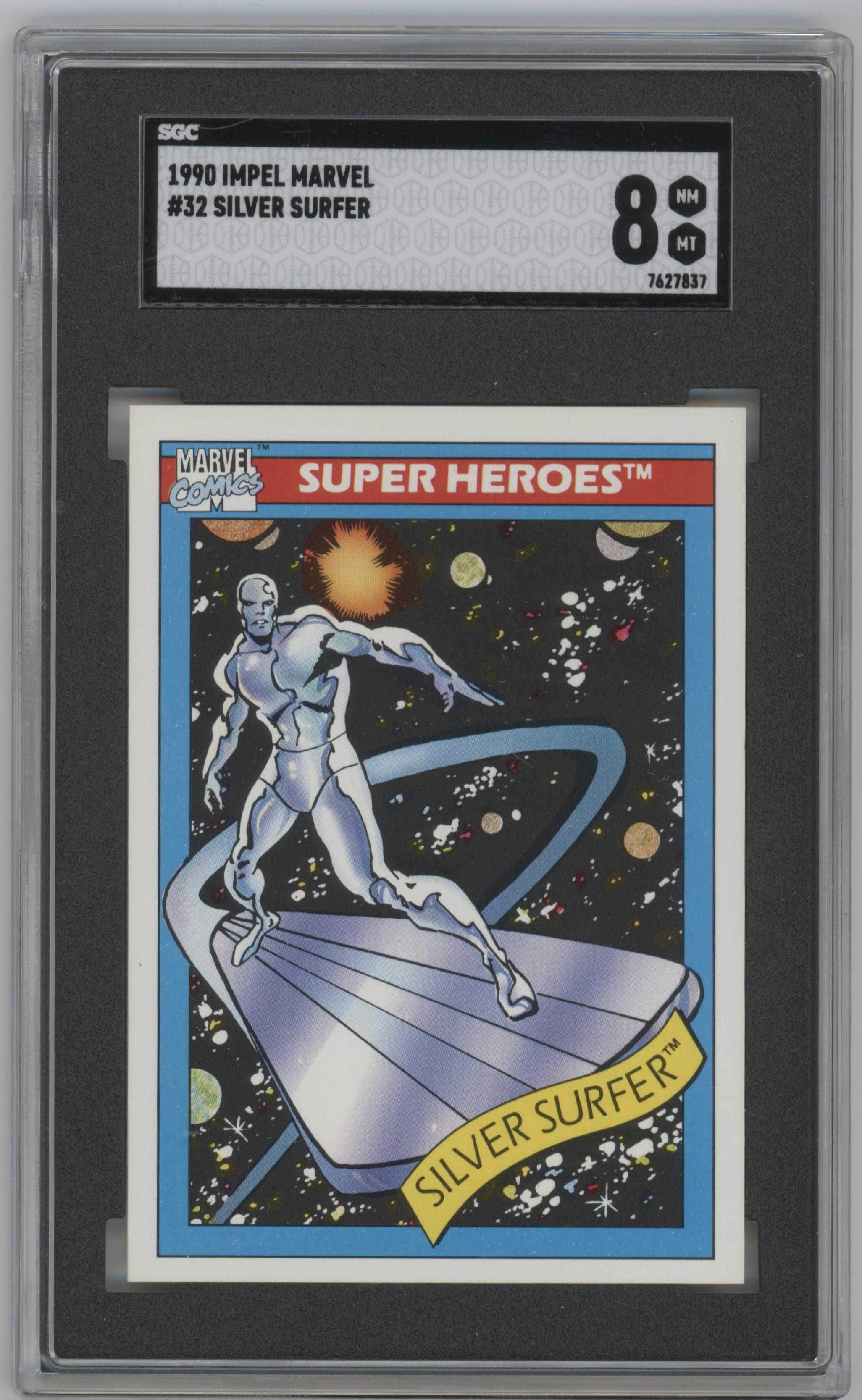 Silver Surfer from the 1990 Impel Marvel Universe  set graded by SGC and given an overall grade of 8.