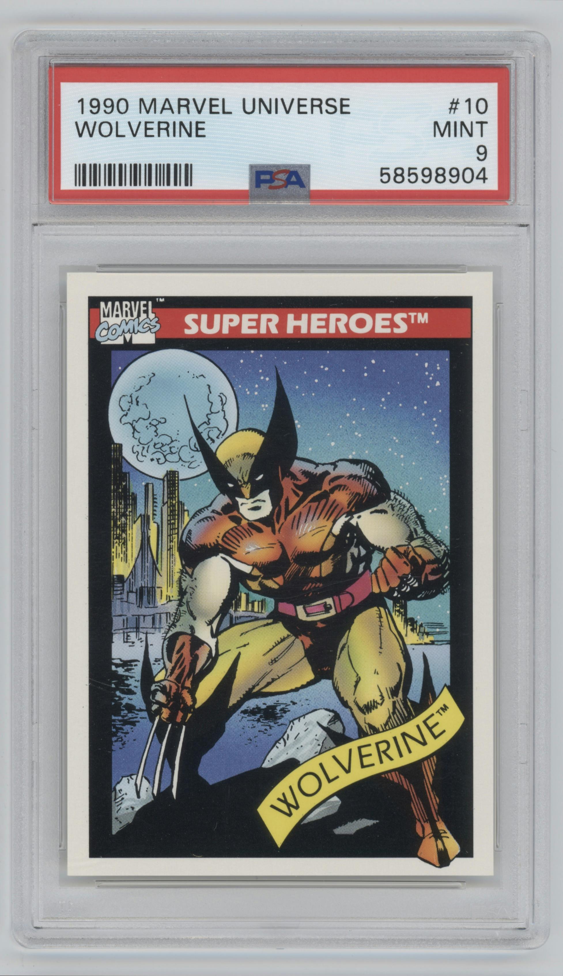 Wolverine from the 1990 Impel Marvel Universe  set graded by PSA and given an overall grade of 9.