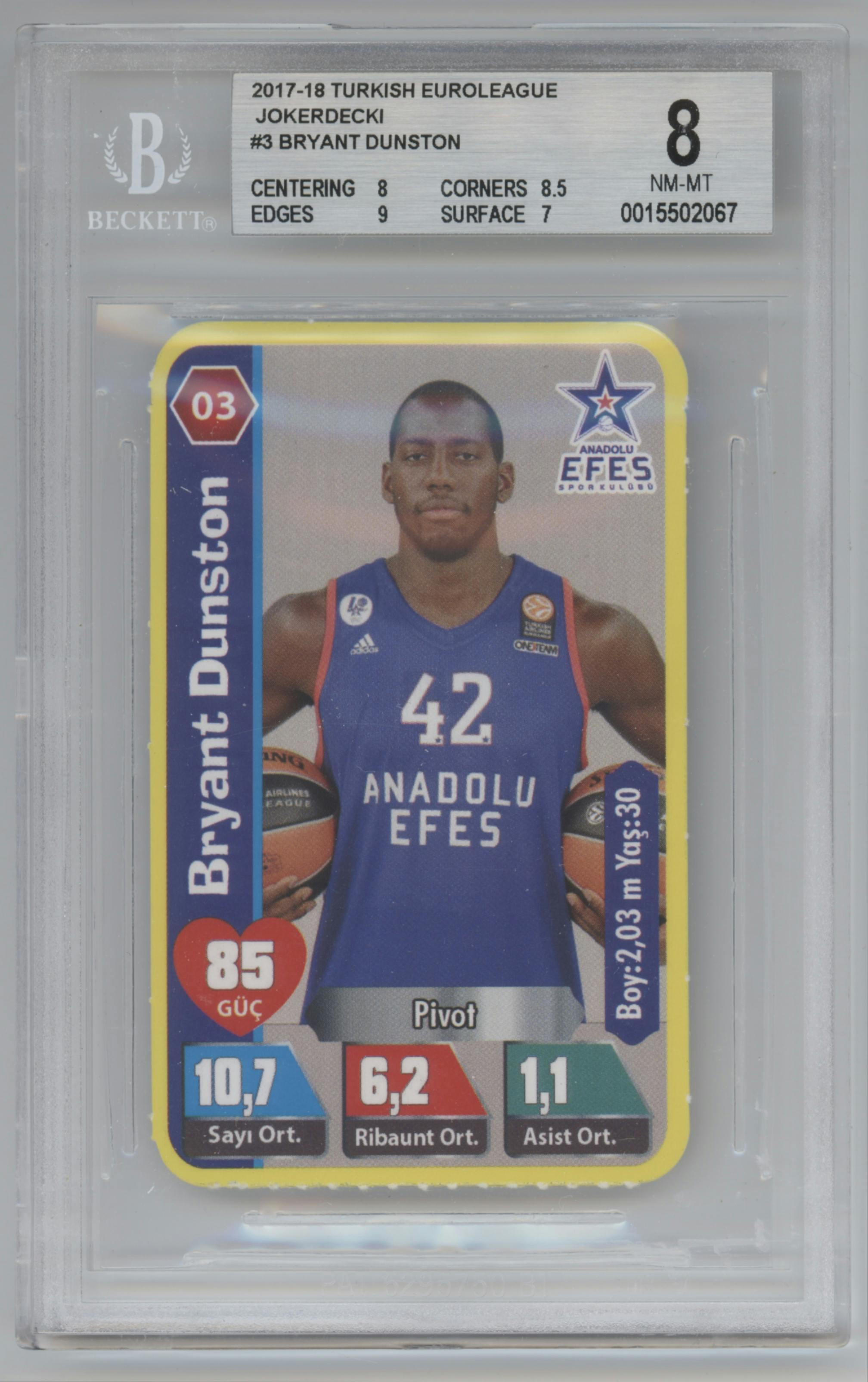 Bryant Dunston from the 2017-18 Turkish EuroLeague Jokerdecki set graded by Beckett and given an overall grade of 8.